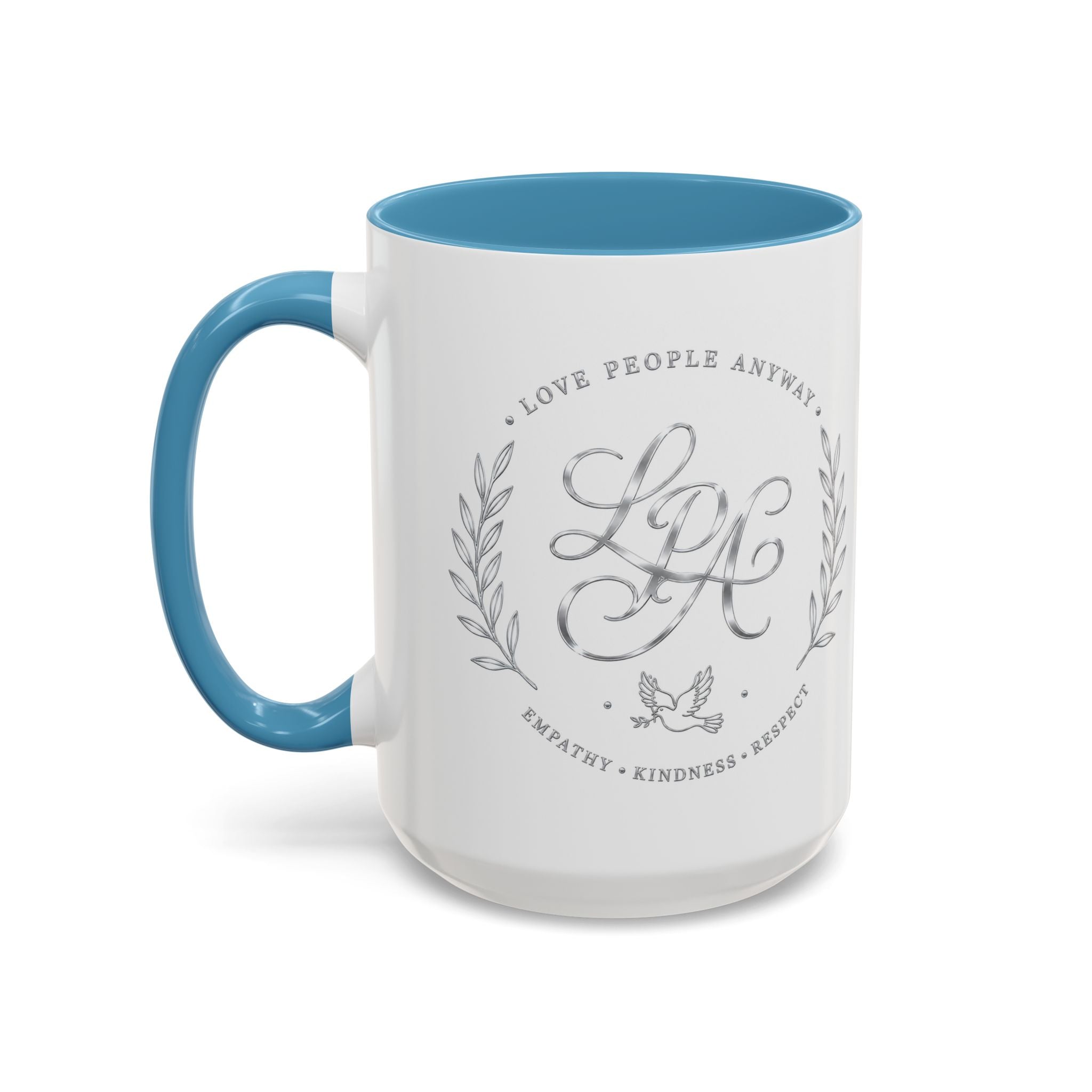 Love People Anyway Silver Accent Coffee Mug | Inspirational Monogram Mug | Faith Freedom Creations