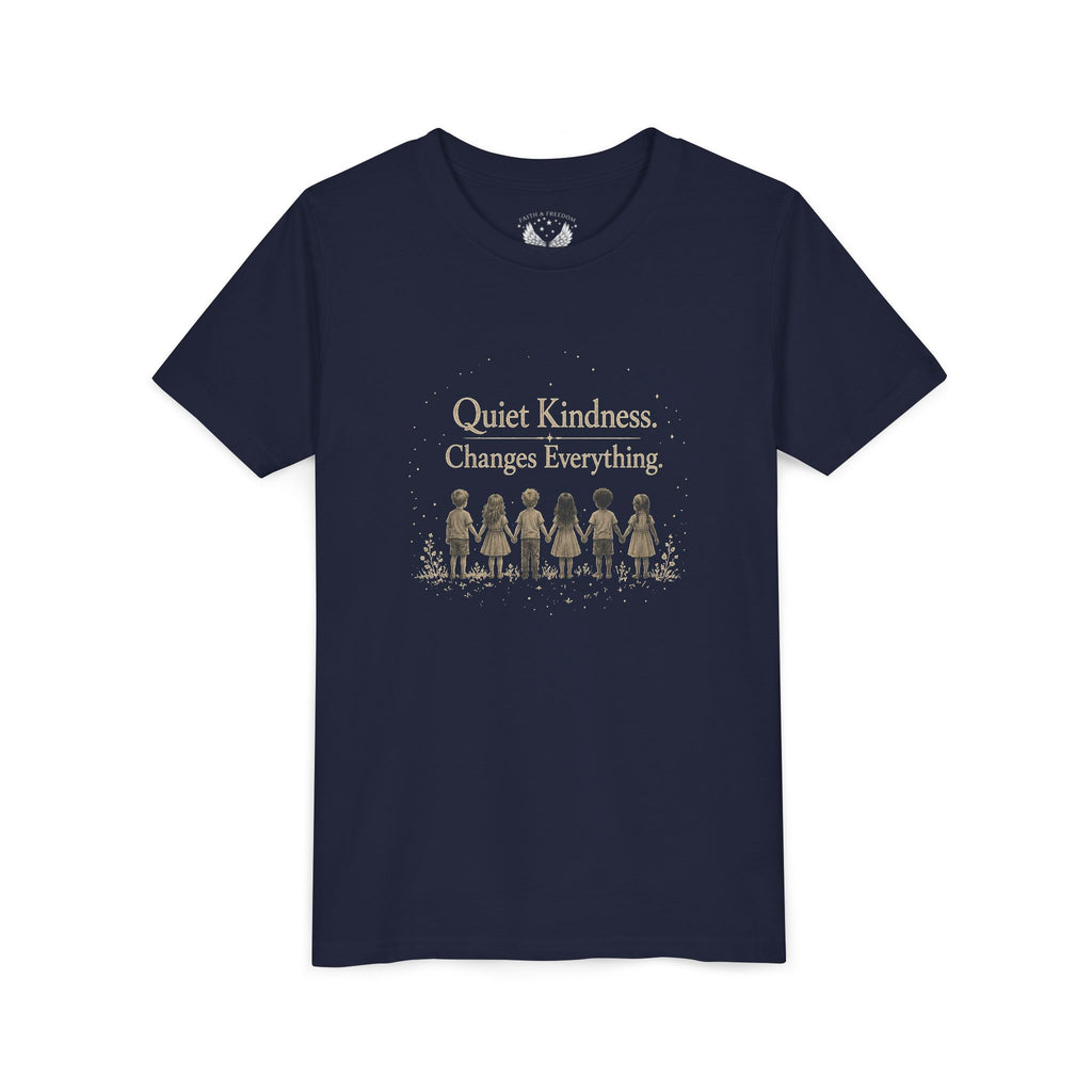 Youth “Quiet Kindness Changes Everything” Tee – Kids Inspirational T-Shirt with Earth & Friends Graphic