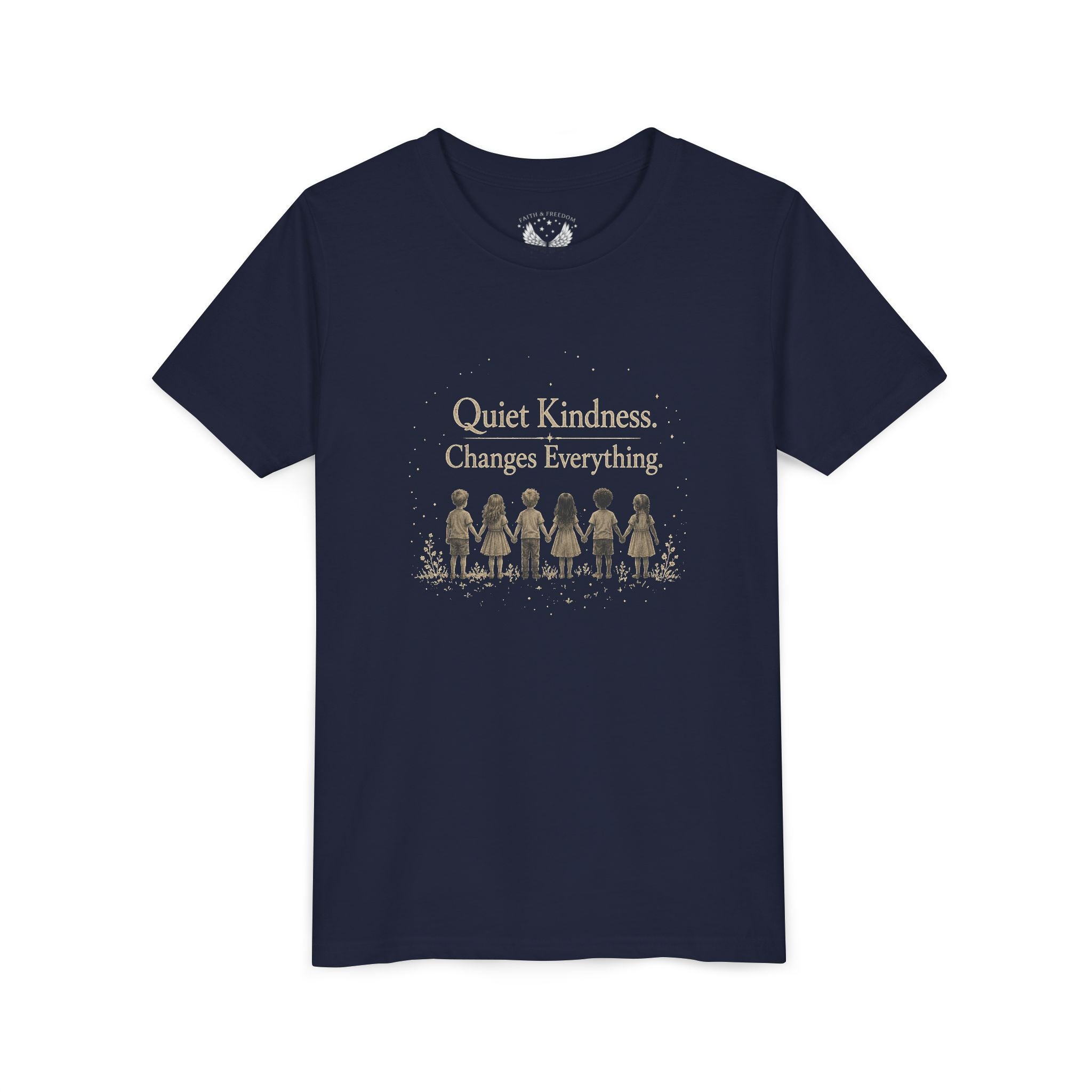 Youth “Quiet Kindness Changes Everything” Tee – Kids Inspirational T-Shirt with Earth & Friends Graphic