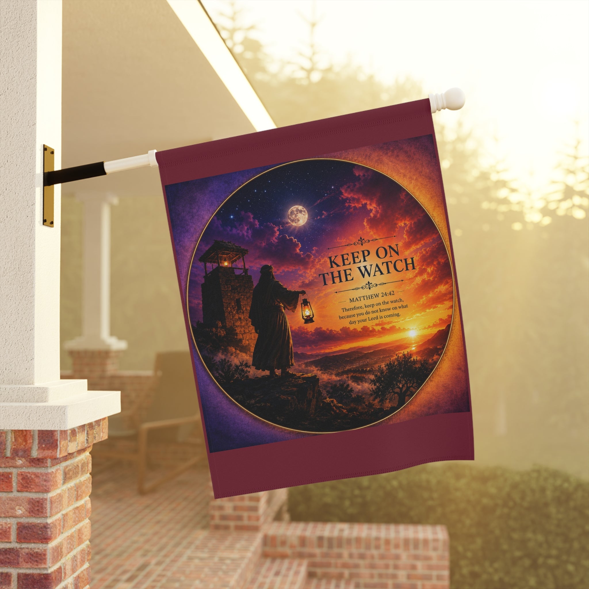 Inspirational Christian garden flag featuring a lantern-bearing watchman, lighthouse, glowing moon, and dramatic coastal sunset with the phrase “Keep On The Watch.”