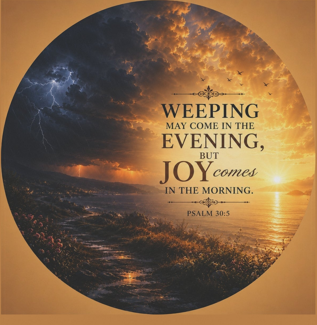 Inspirational Christian garden flag featuring a glowing sunrise over water with the scripture “Weeping May Come in the Evening, Joy Comes in the Morning” in warm gold and deep blue tones.