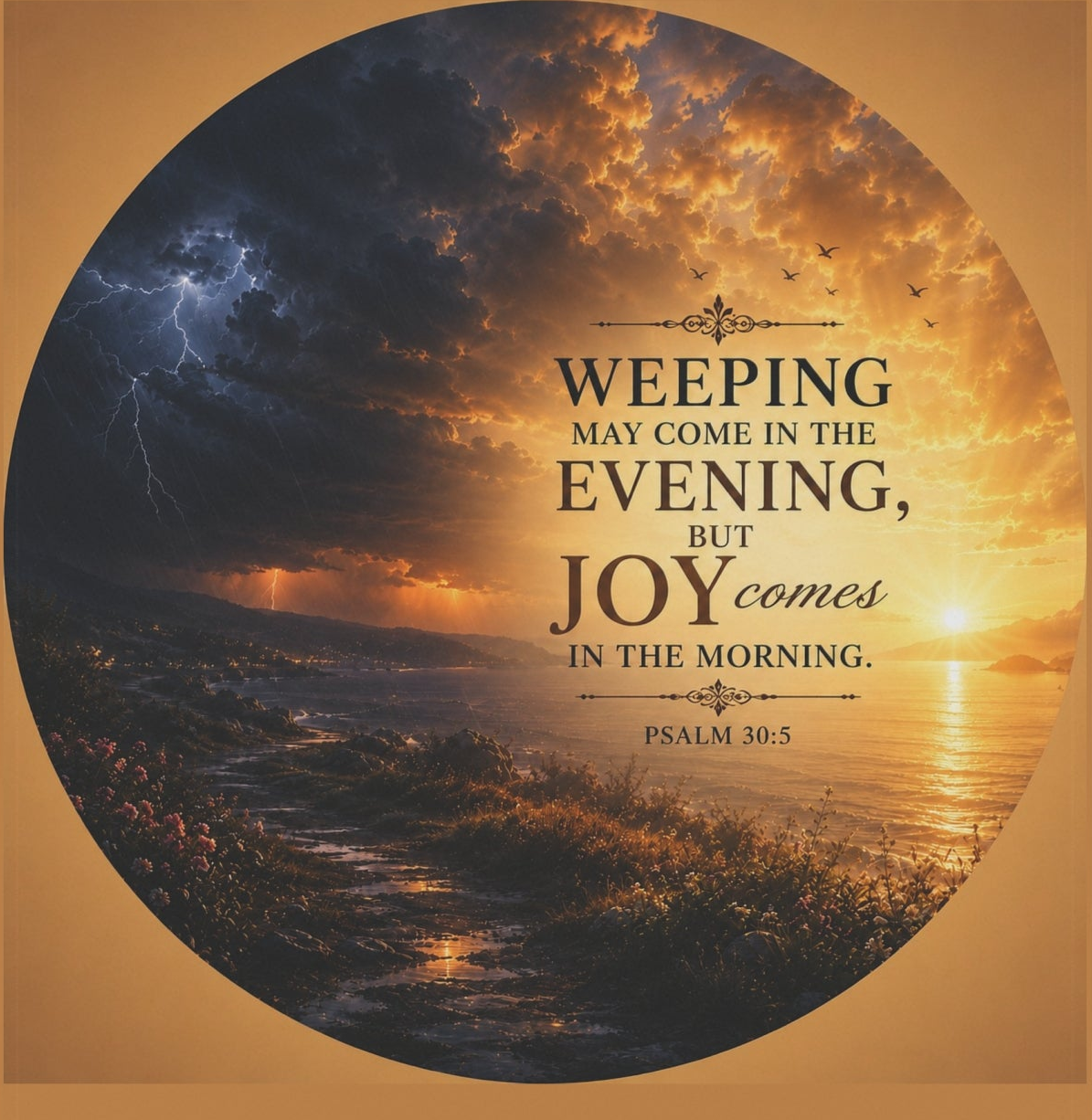 Inspirational Christian garden flag featuring a glowing sunrise over water with the scripture “Weeping May Come in the Evening, Joy Comes in the Morning” in warm gold and deep blue tones.