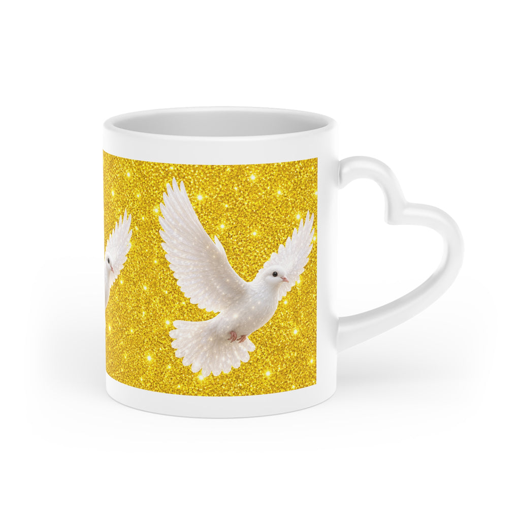 White ceramic heart-shaped handle mug featuring elegant white doves flying across a sparkling gold glitter-inspired background with vibrant wraparound artwork.