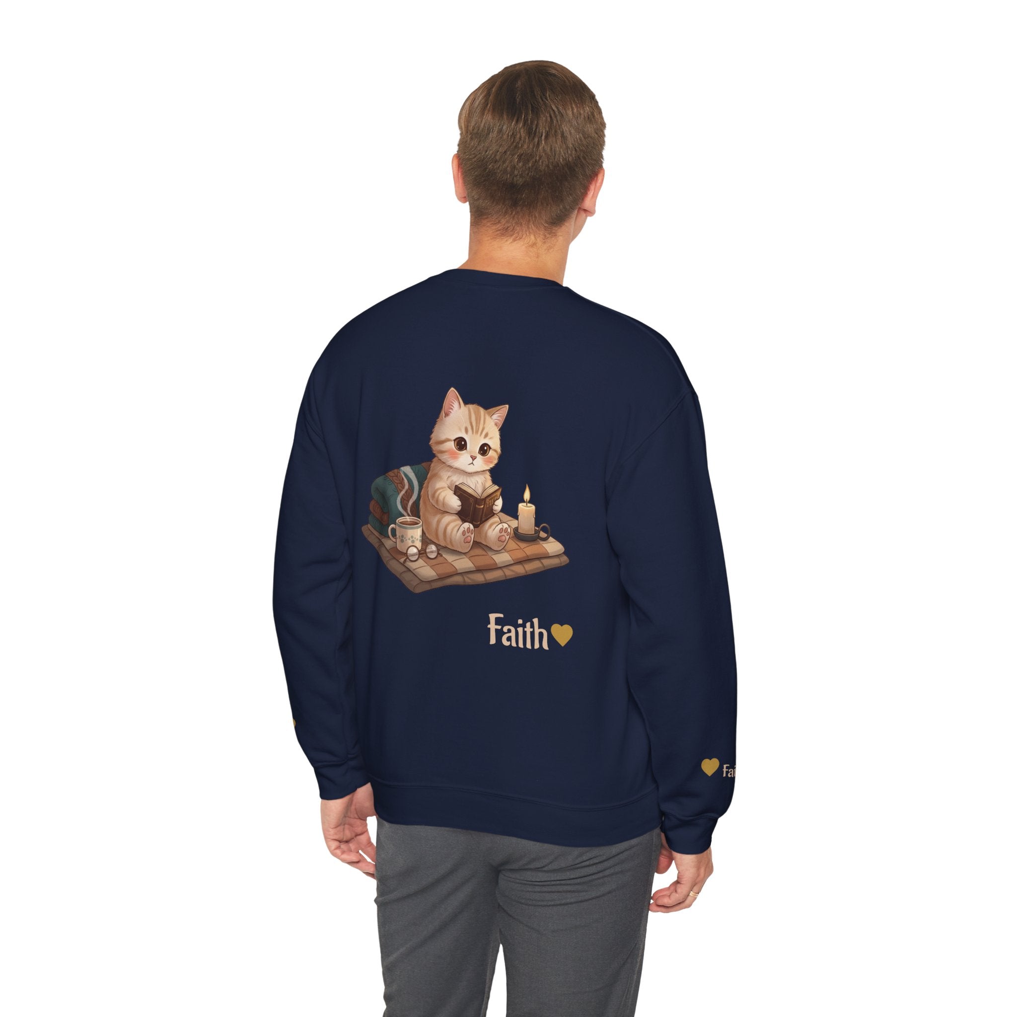 Faith Cozy Cat Crewneck Sweatshirt – Candlelight Cat Faith Sweatshirt | Quiet Comfort Apparel