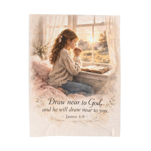 Draw Near to God Plush Blanket – James 4:8 Christian Throw | Prayerful Velveteen Cozy Blanket
