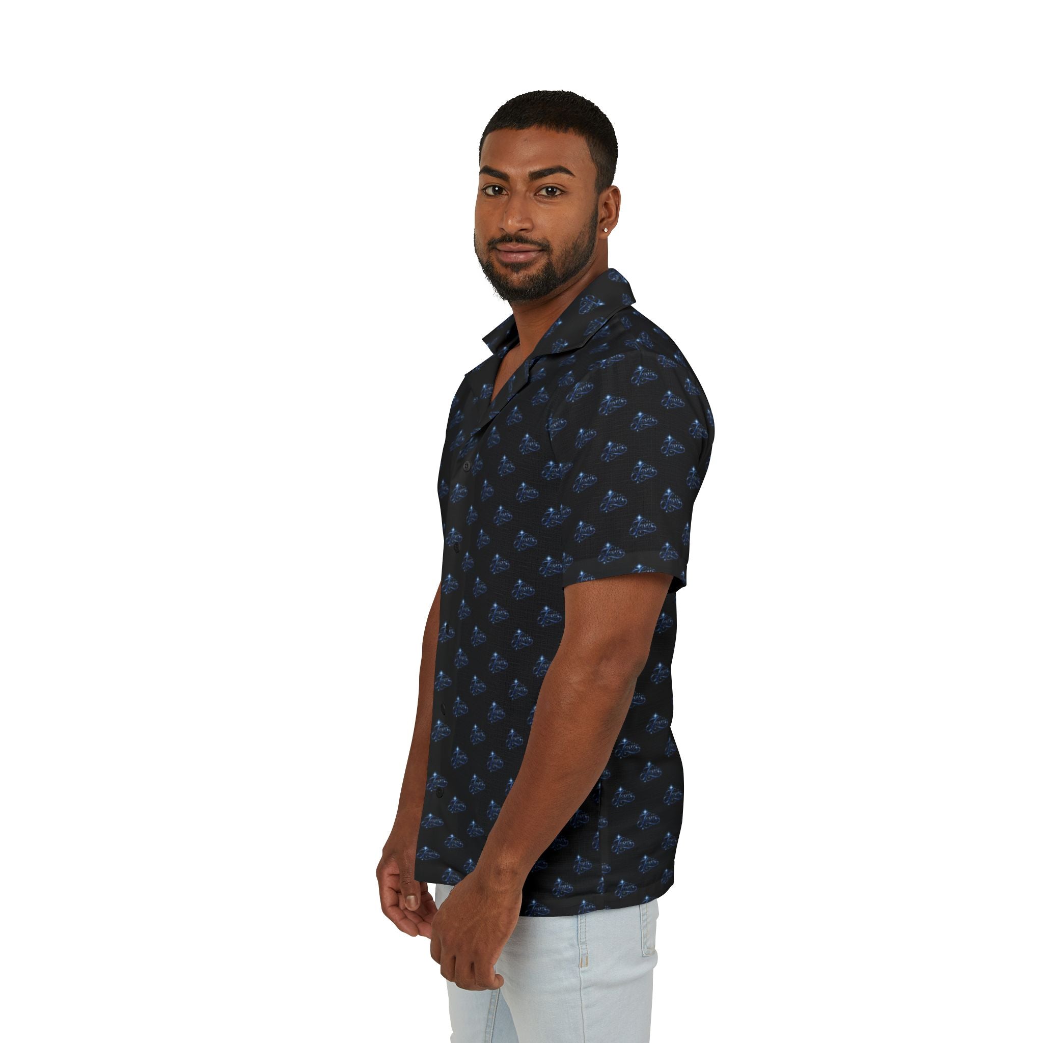 'Jesus' Navy Tropical Hawaiian Camp Shirt — Small Blue Wave Print
