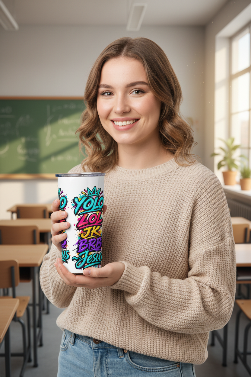 YOLO LOL JK BRB ~Jesus 20oz Tumbler | Colorful Christian Graffiti Travel Cup