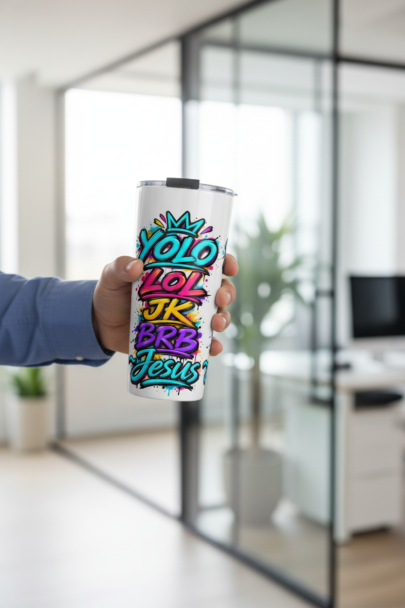 YOLO LOL JK BRB ~Jesus 20oz Tumbler | Colorful Christian Graffiti Travel Cup