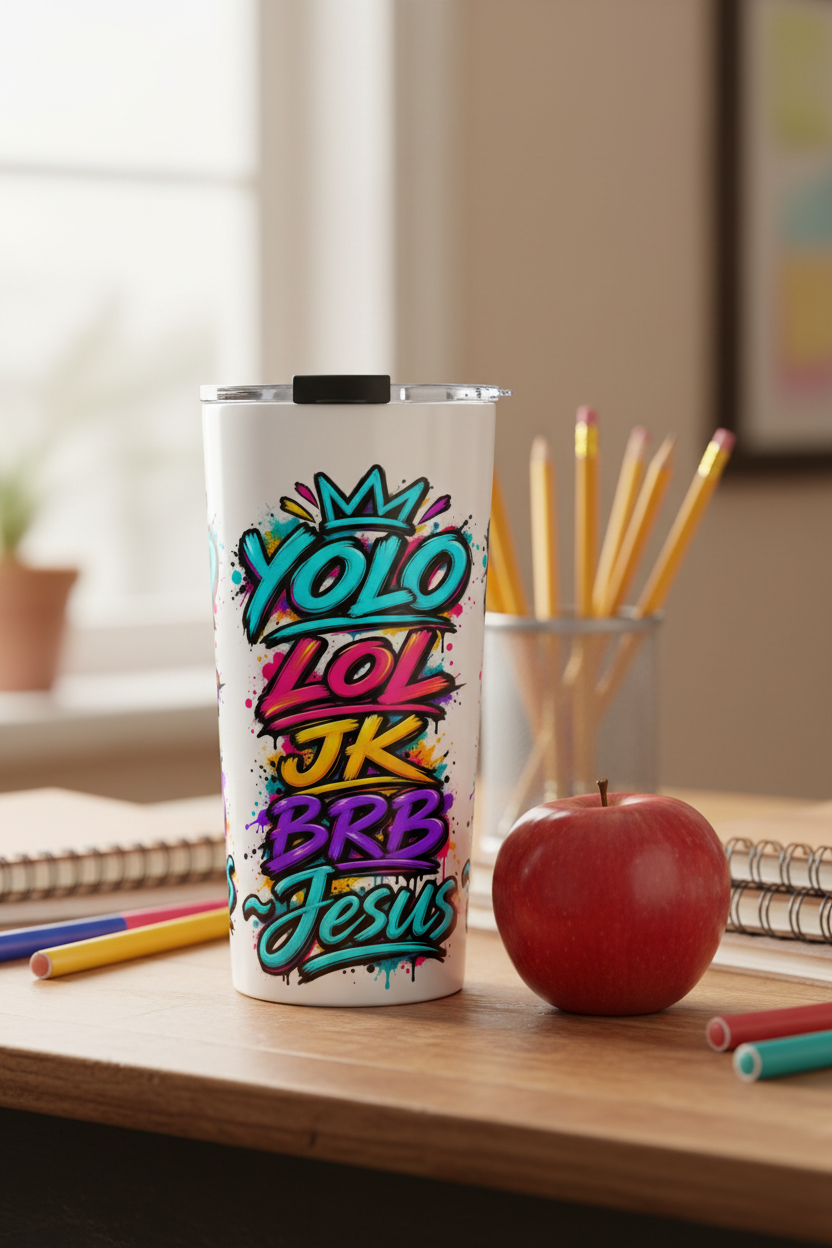YOLO LOL JK BRB ~Jesus 20oz Tumbler | Colorful Christian Graffiti Travel Cup