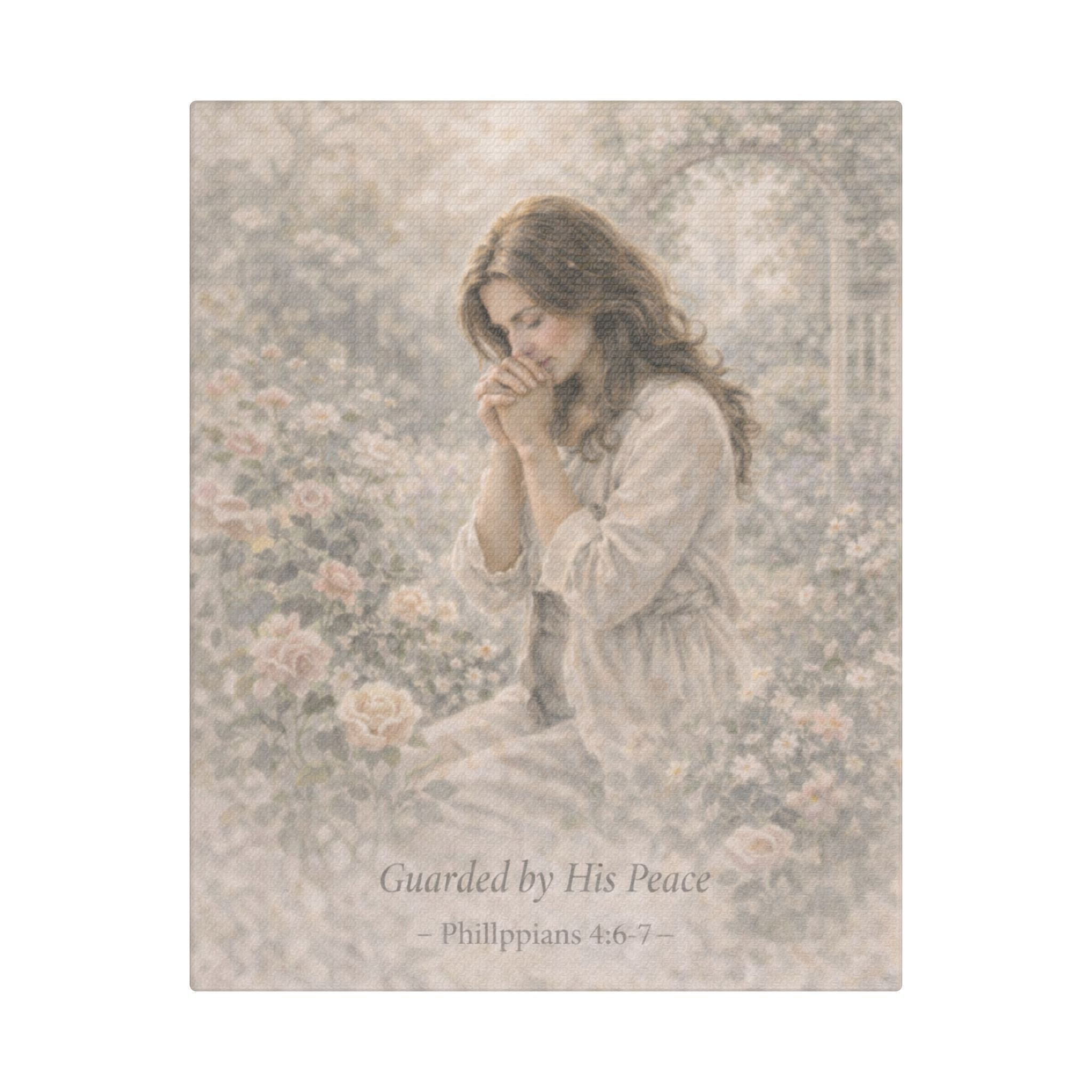 Guarded by His Peace Canvas — Prayer Girl Religious Wall Art