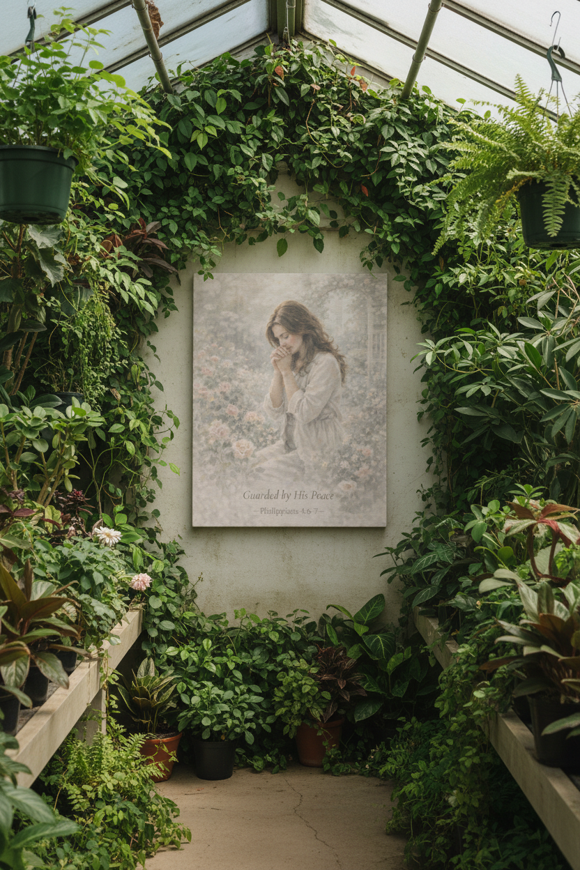 Guarded by His Peace Canvas Print – Prayer Girl Christian Wall Art | Faith Inspired Devotional Artwork