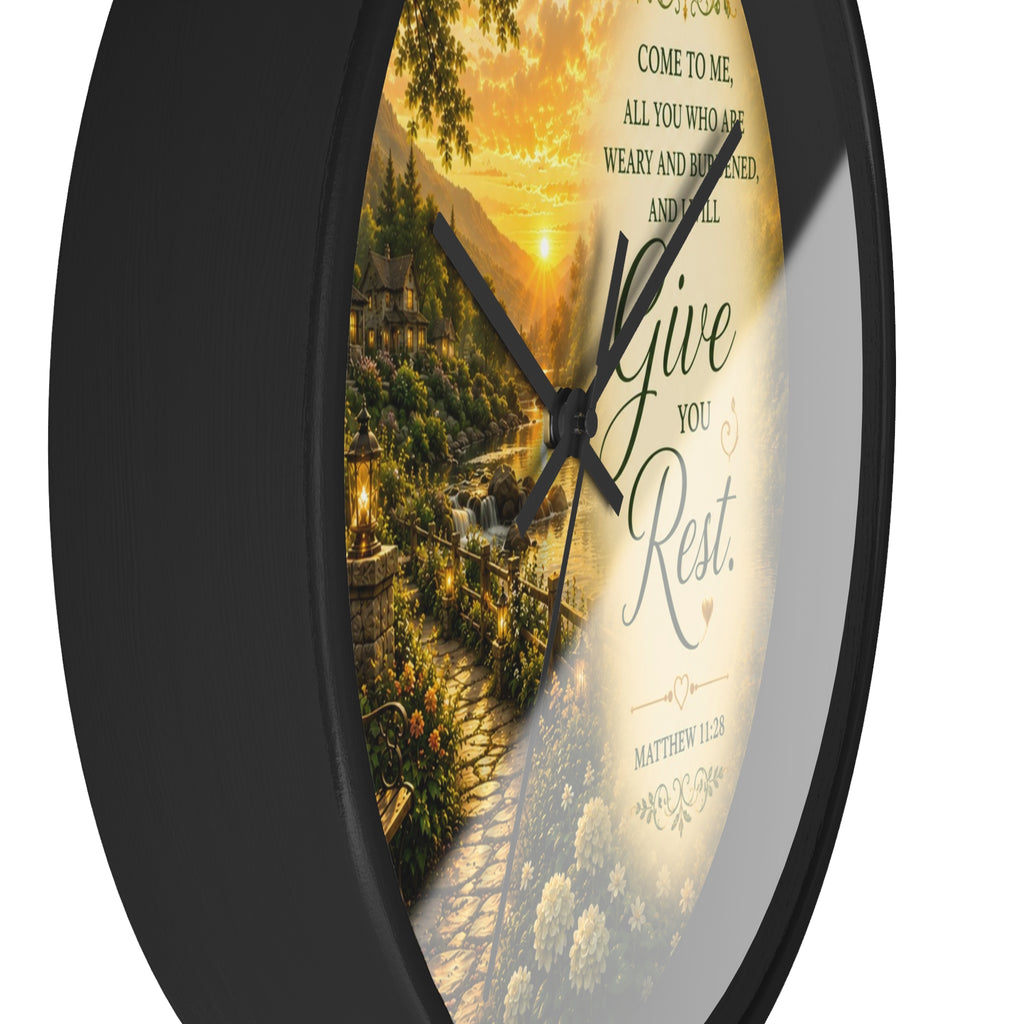 Give You Rest Wall Clock | Matthew 11:28 Christian Scripture Clock | Inspirational Faith Decor
