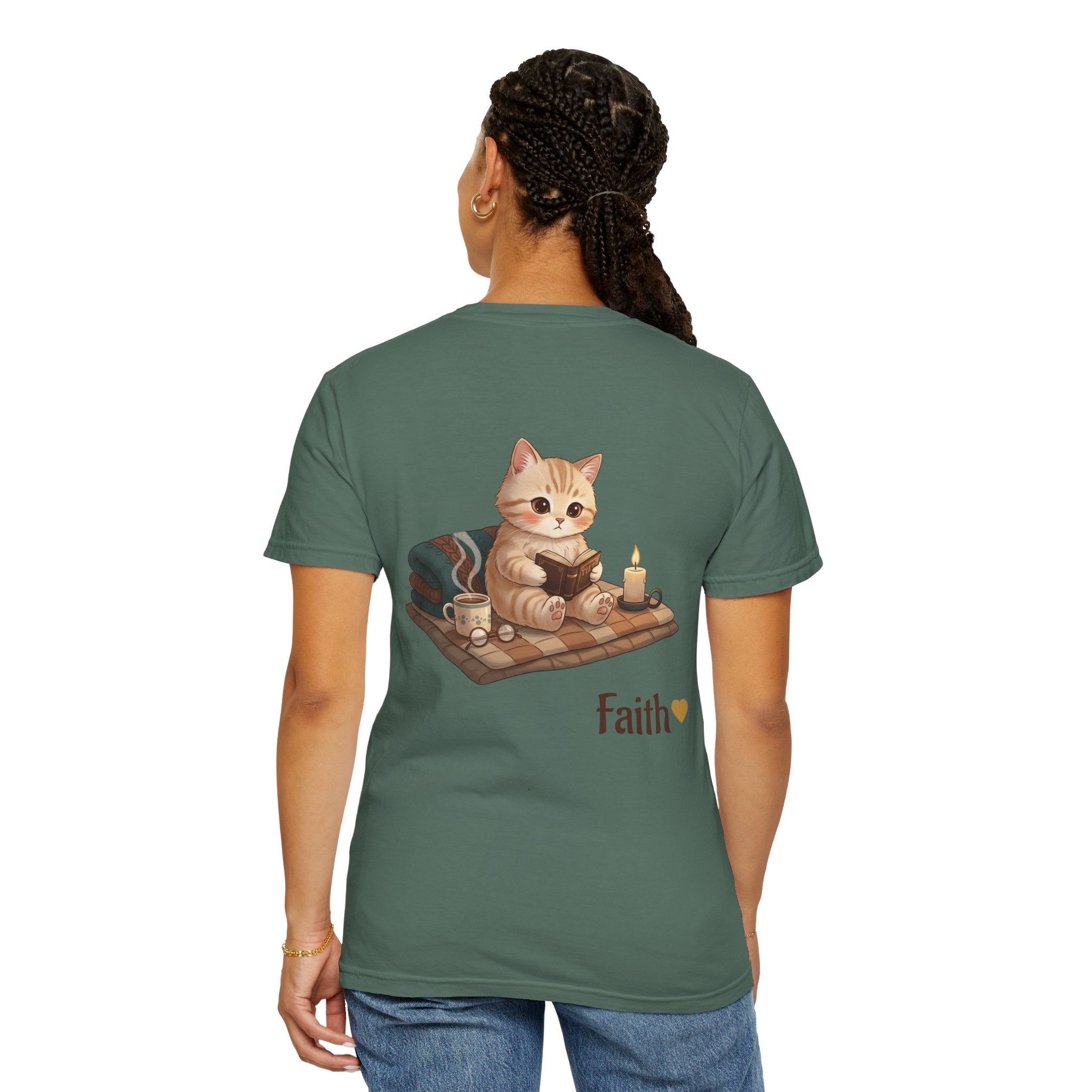 Cozy Cat Prayer T-Shirt — Faith Heart Cat Tee | Christian Cat Lover Shirt