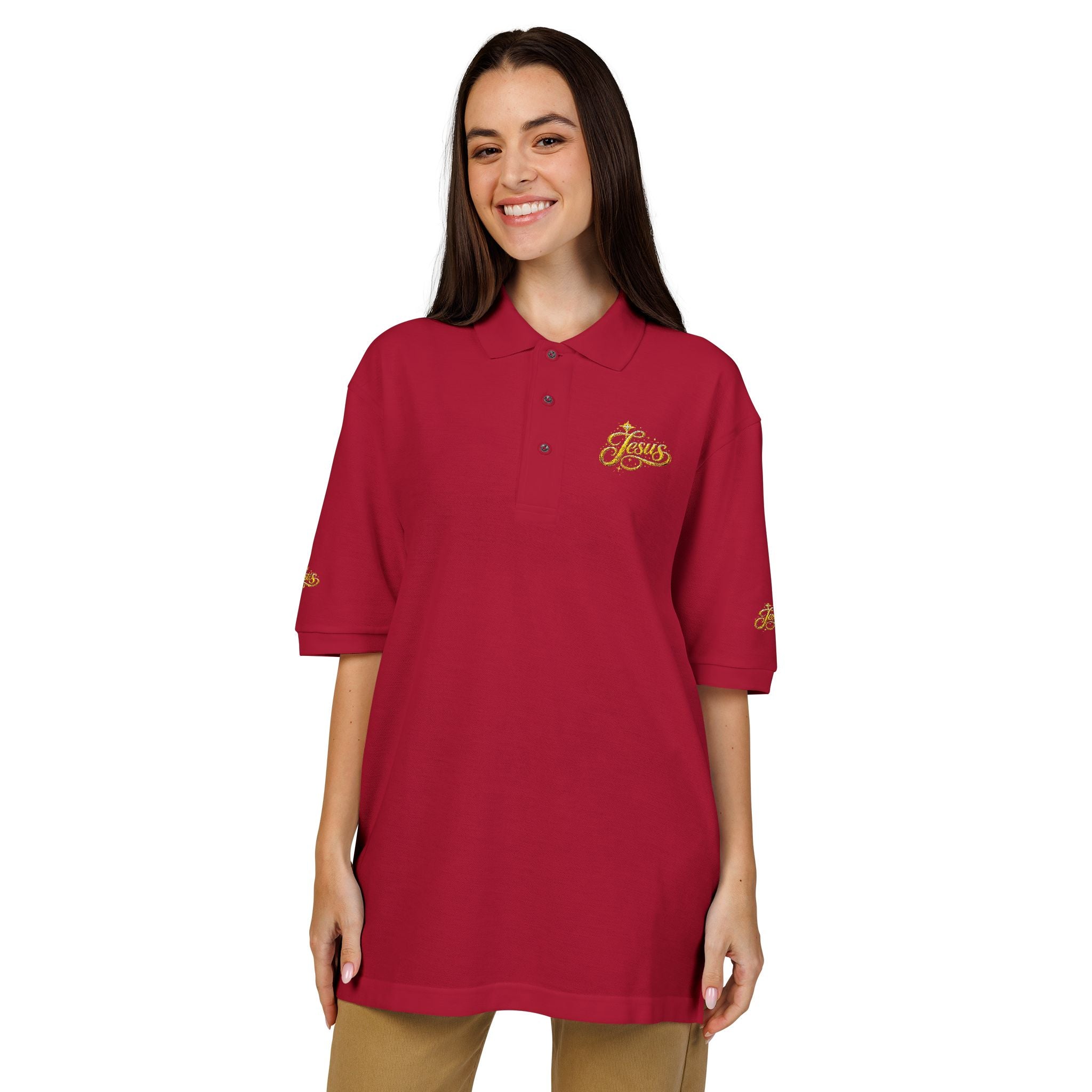 Jesus Gold Fleur Embroidered Polo – Christian Faith Collared Shirt | Elegant Unisex Church Polo