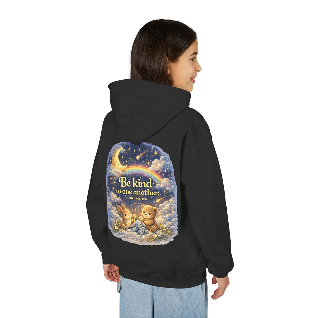 Youth “Be Kind to One Another” Hoodie – Cute Bunny Night Sky Scripture Sweatshirt