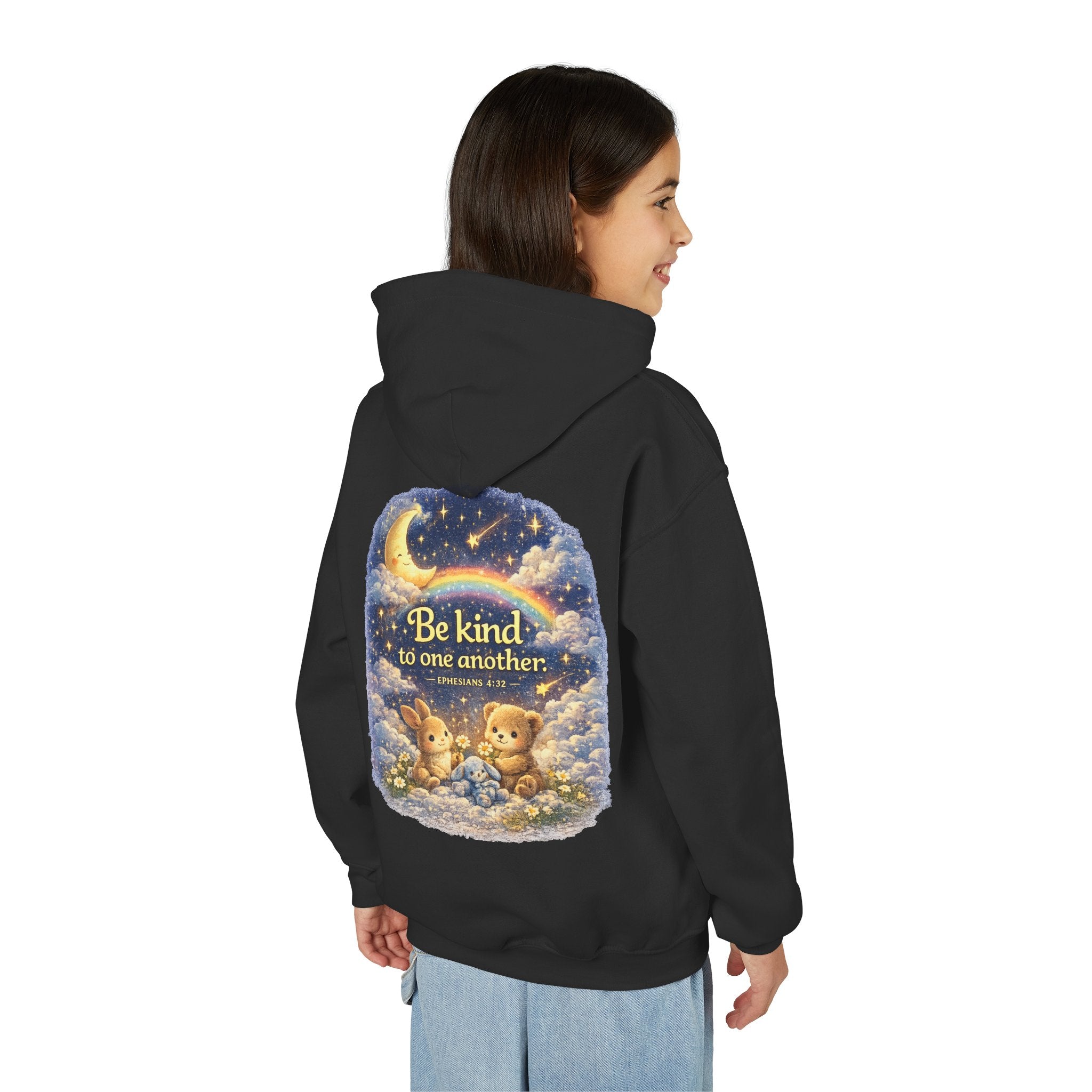 Youth “Be Kind to One Another” Hoodie – Cute Bunny Night Sky Scripture Sweatshirt