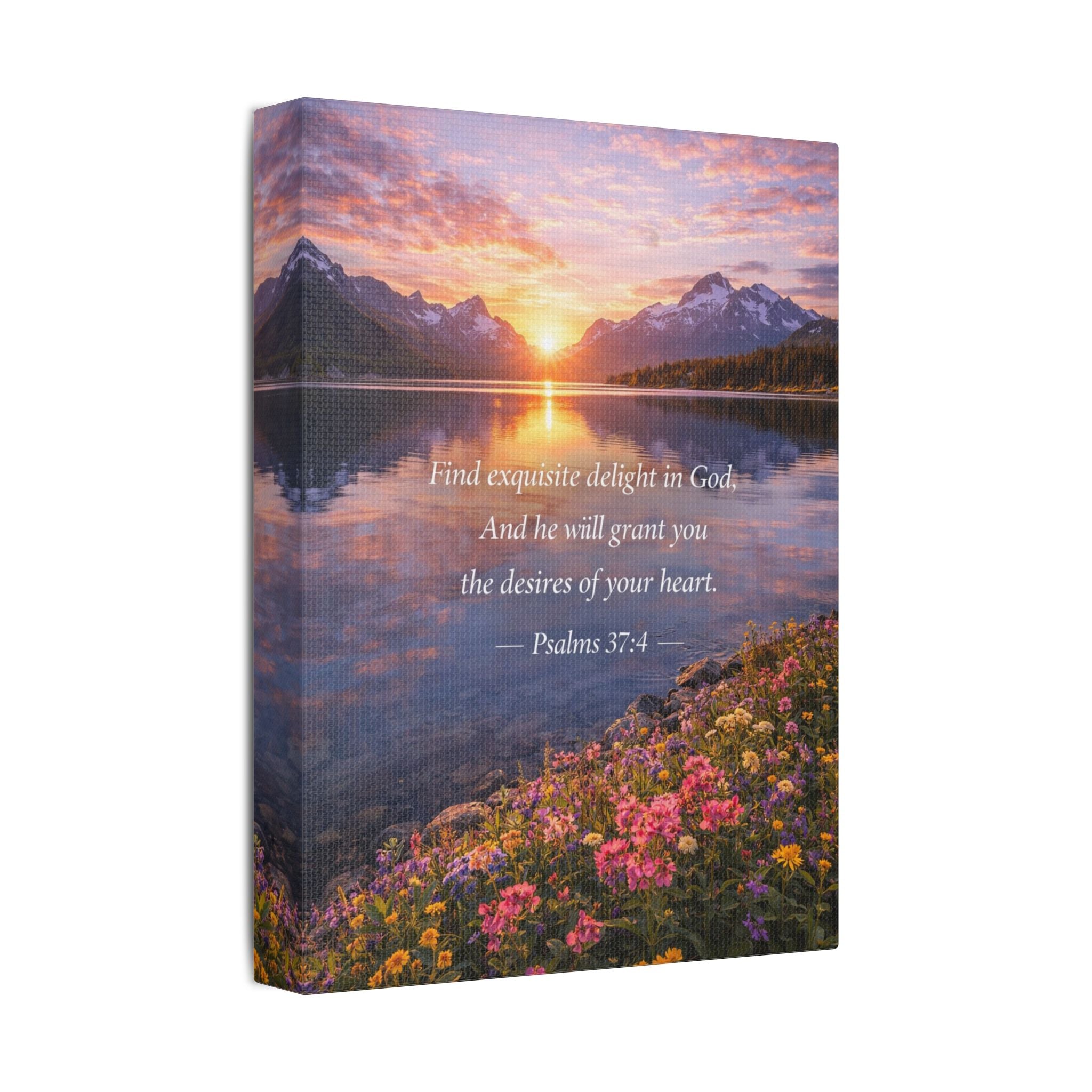 Sunset Lake Psalm 37:4 Canvas — Peaceful Christian Scripture Wall Art