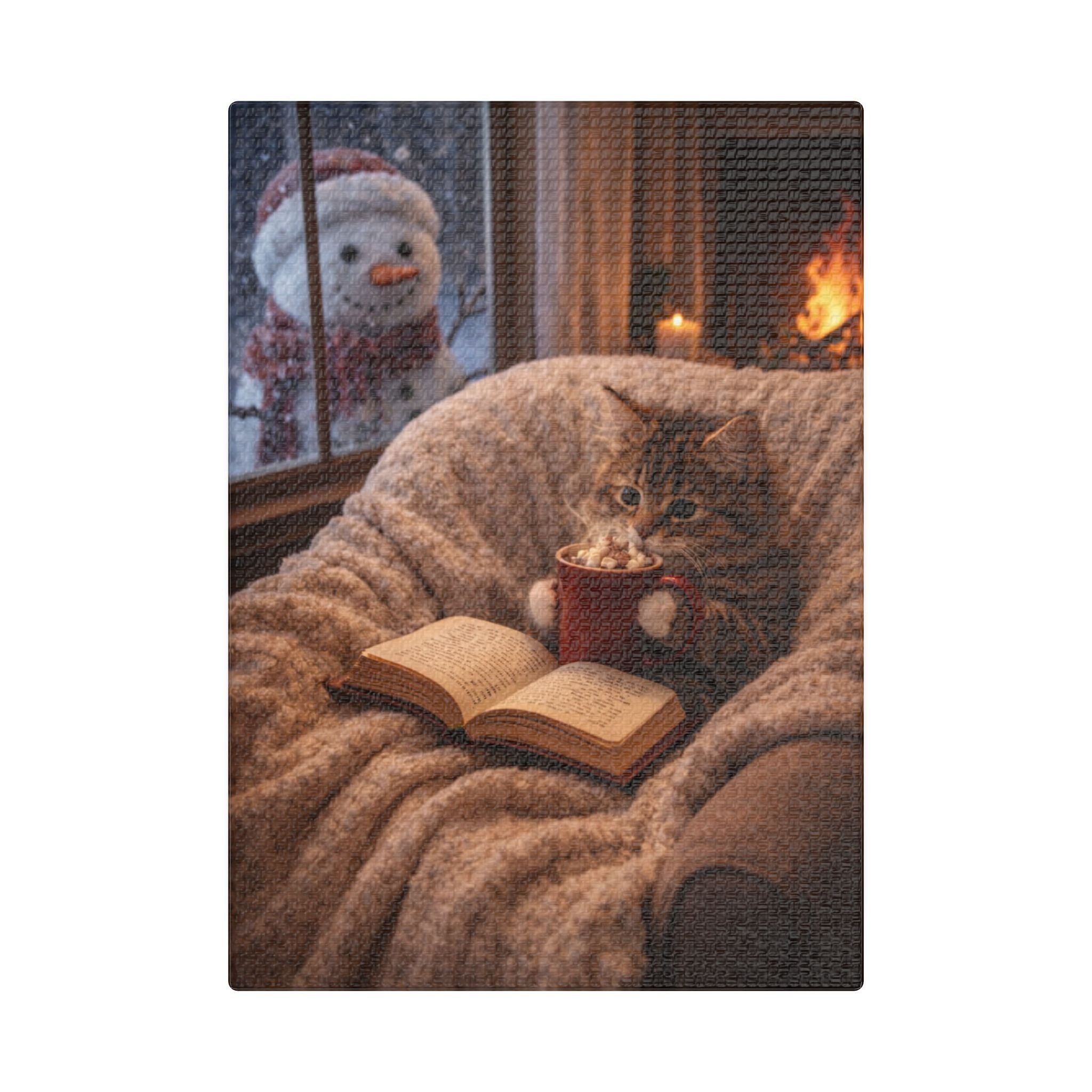 Winter Cat with Mug & Book Canvas — Cozy Cat Wall Art