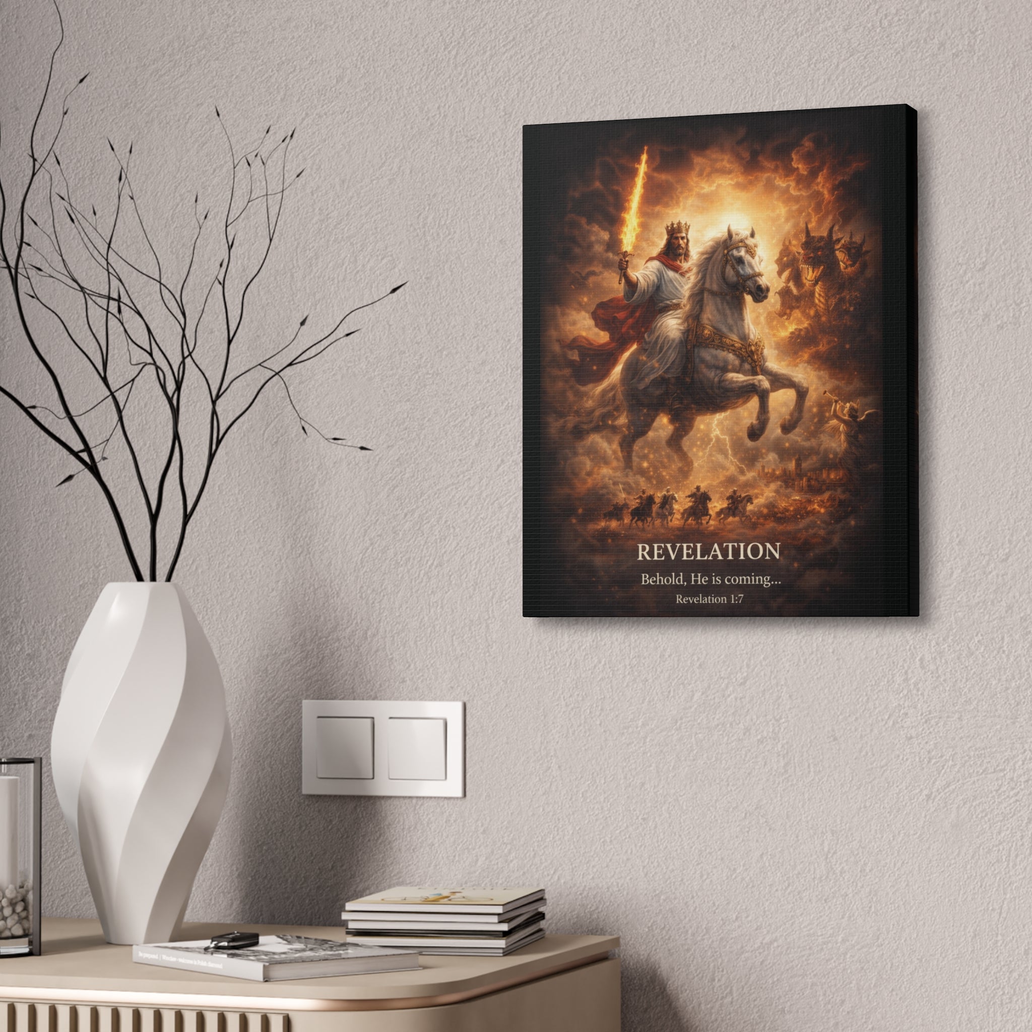 Revelation Canvas Art – “Behold, He Is Coming” Biblical Horseman Wall Decor | Christian Scripture Canvas