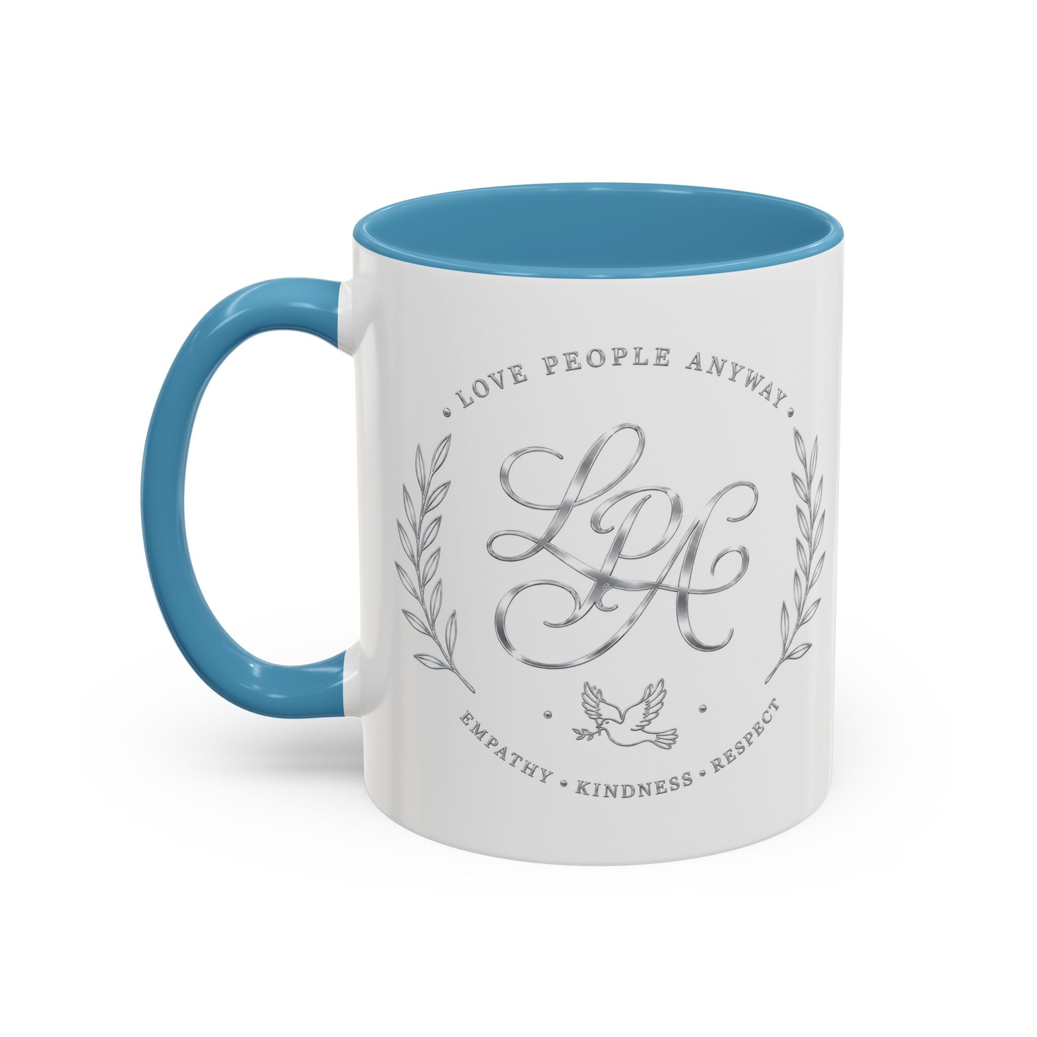 Love People Anyway Silver Accent Coffee Mug | Inspirational Monogram Mug | Faith Freedom Creations