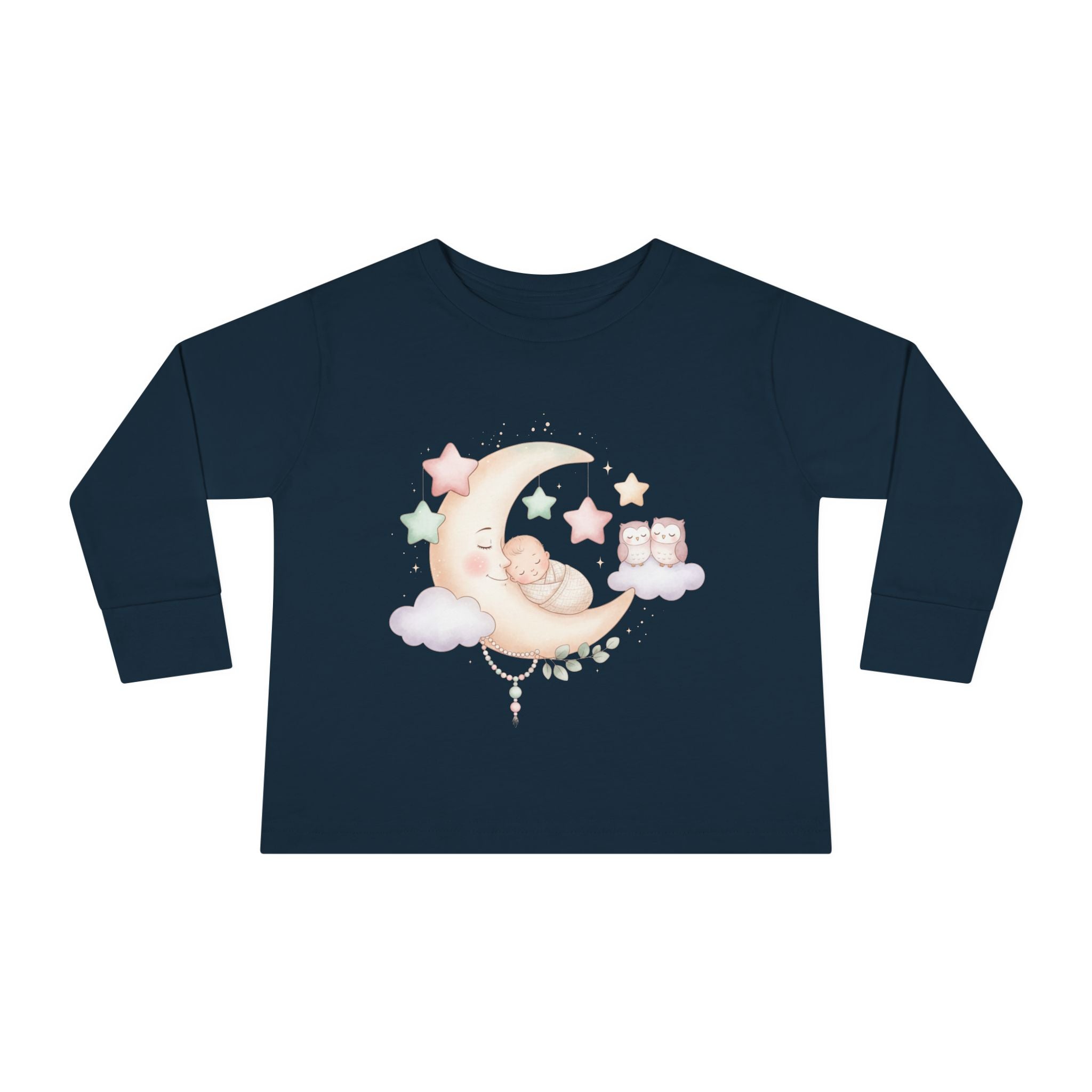 Baby Moon & Owl Toddler Long Sleeve Tee – Pastel Sleepy Moon Nursery Shirt | Cozy Toddler Pajama Style Tee