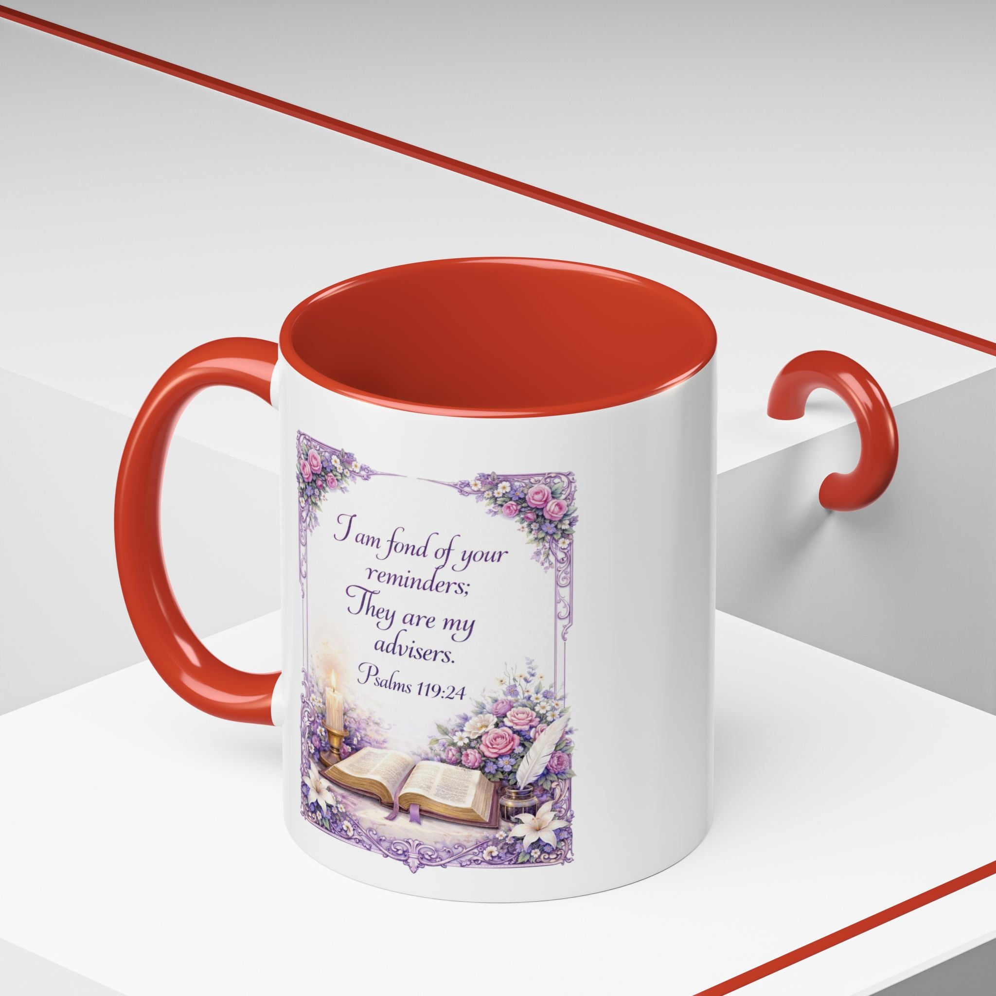 Inspirational Christian ceramic accent coffee mug featuring Psalm 119:24, delicate floral artwork, and the message “I am fond of your reminders” with colorful handle and interior accents.