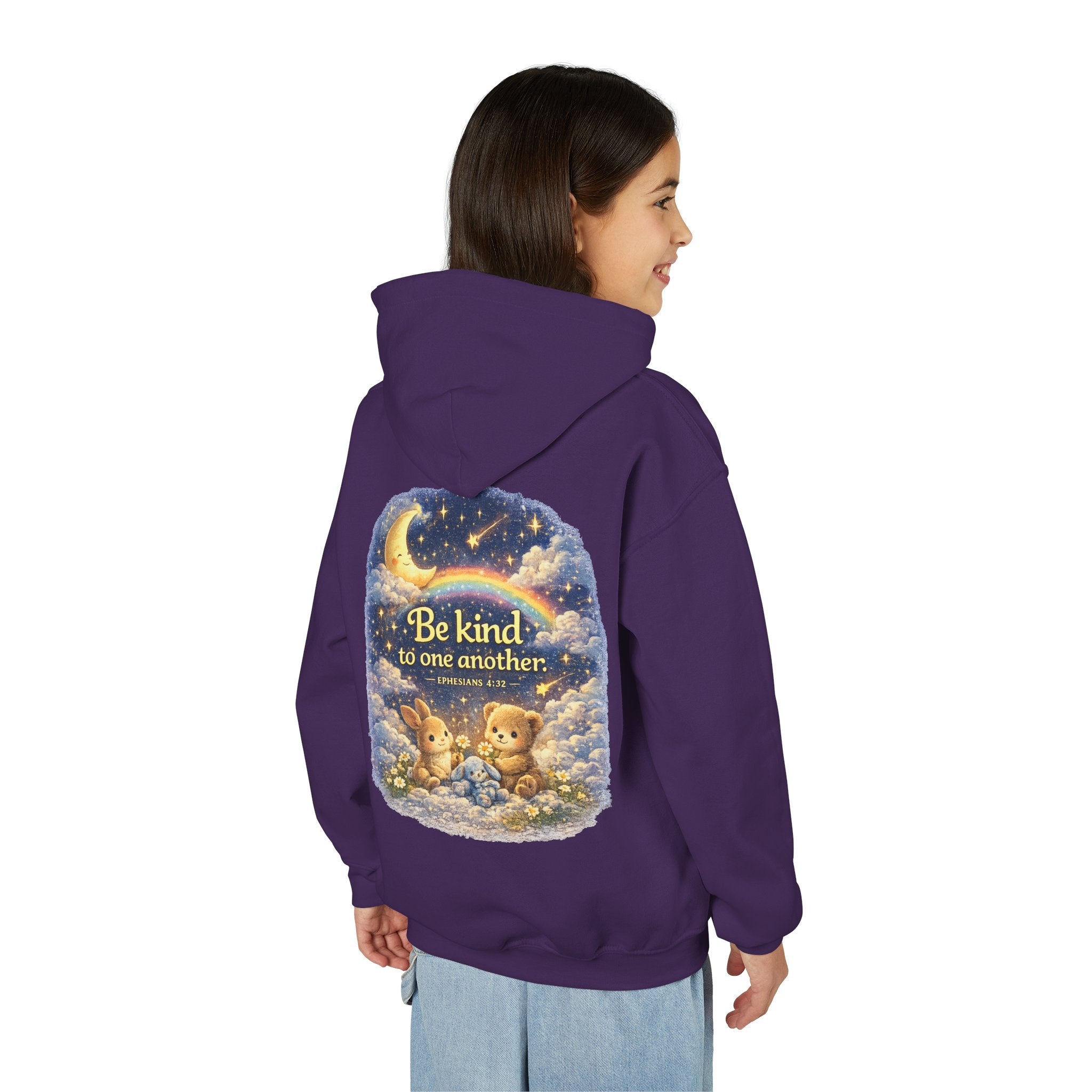 Youth “Be Kind to One Another” Hoodie – Cute Bunny Night Sky Scripture Sweatshirt