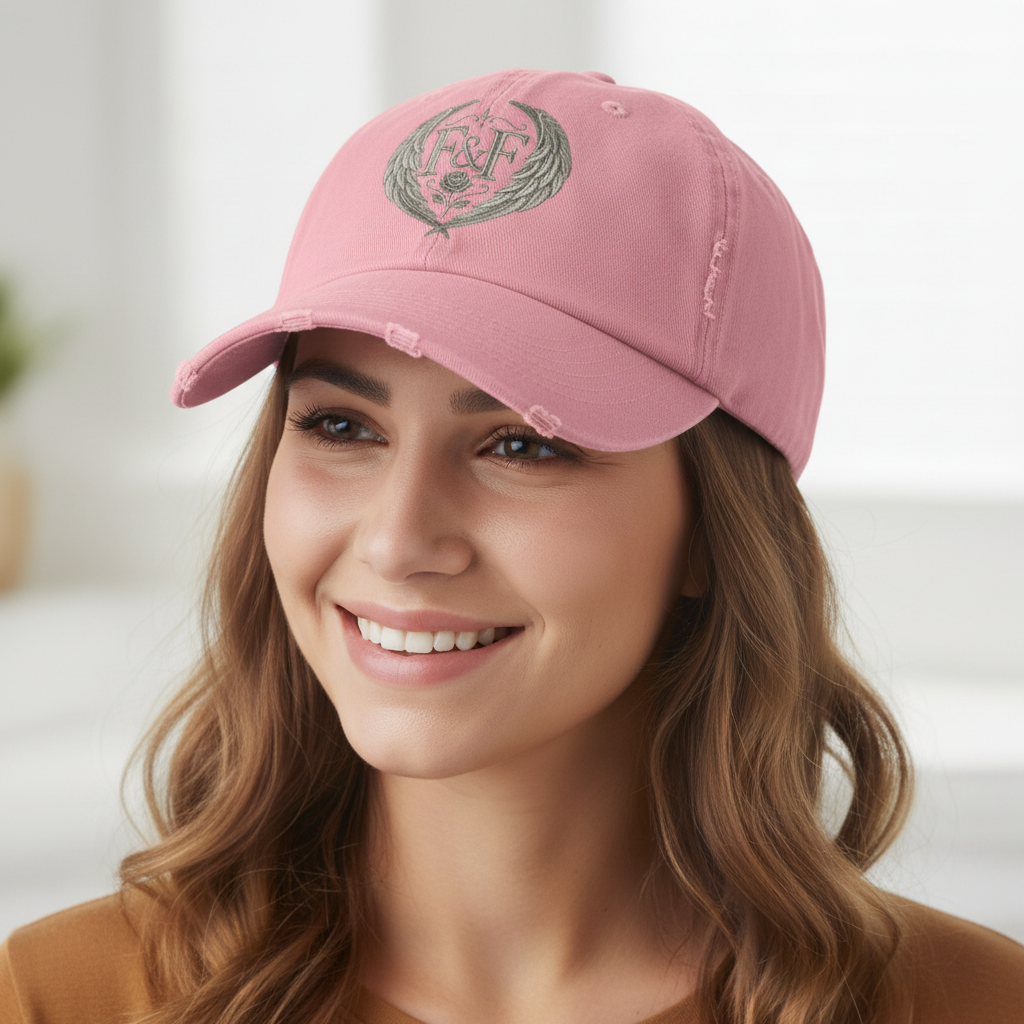 Distressed black Christian cap featuring the Faith & Freedom wing crest logo with feathered wings and vintage washed low-profile styling.