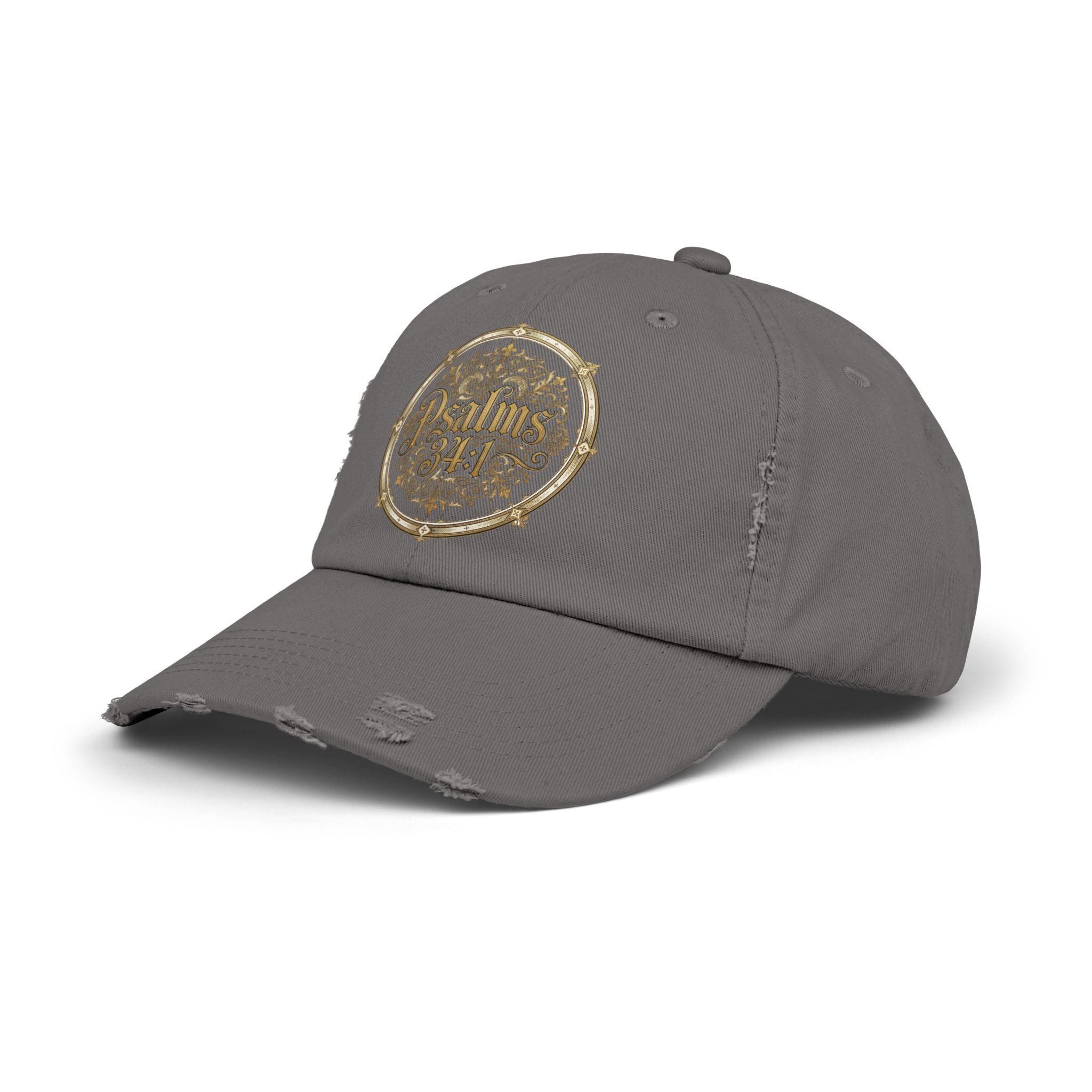 Distressed Black Cap – Psalm 23:1 Vintage Gold Emblem Hat | Faith & Freedom Creations