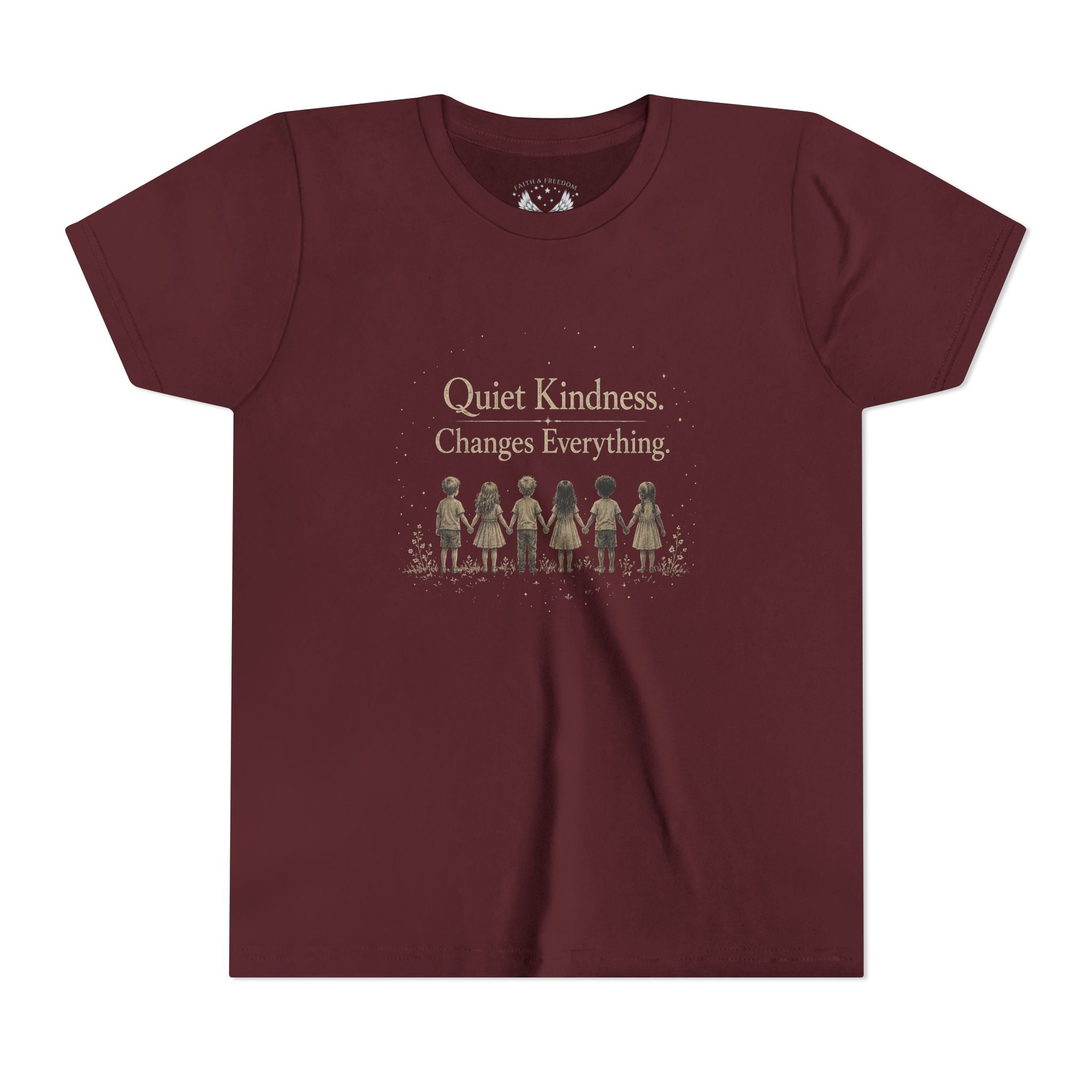 Youth “Quiet Kindness Changes Everything” Tee – Kids Inspirational T-Shirt with Earth & Friends Graphic