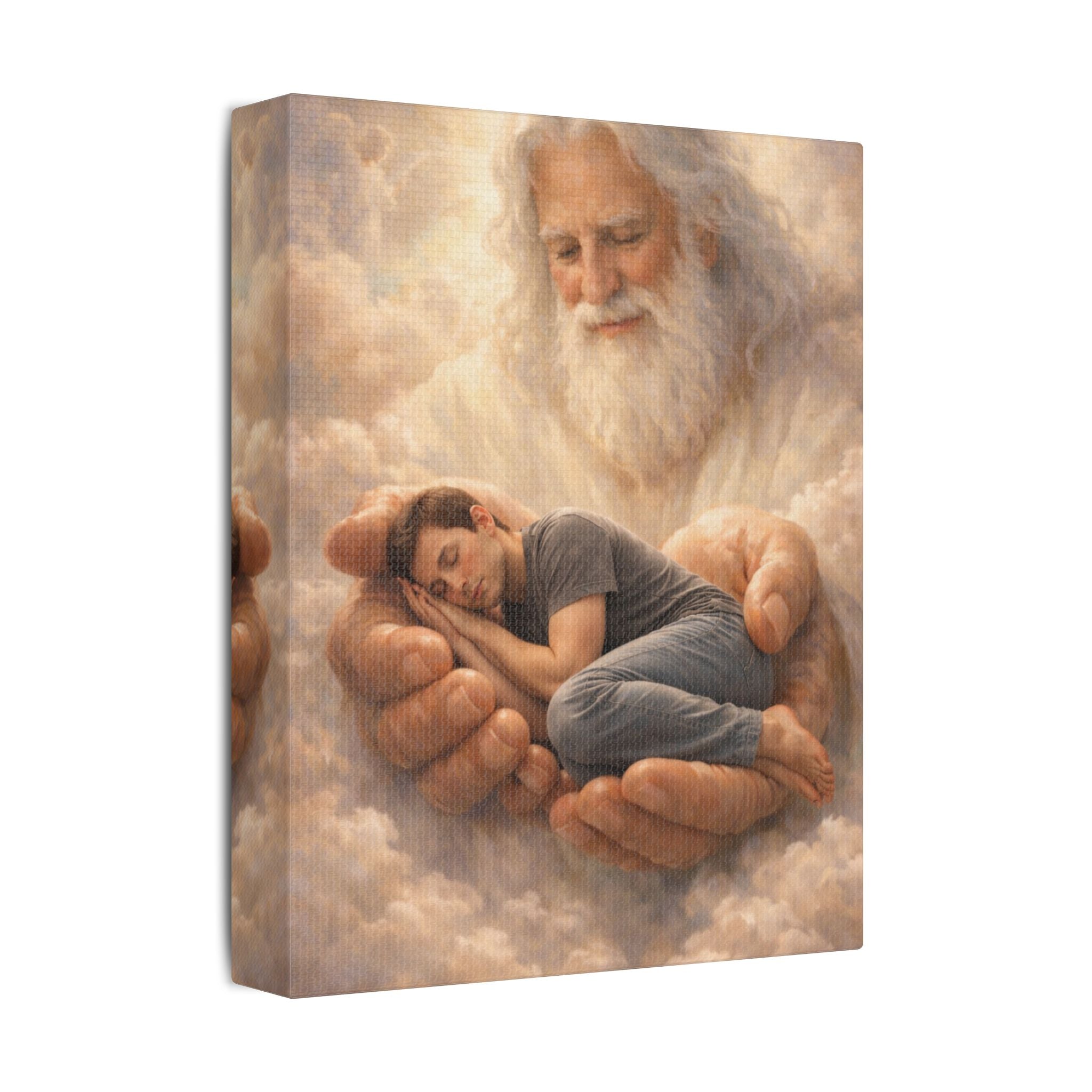 Safely in His Hands Canvas — 'Man' Sleeping in God's Embrace Wall Art