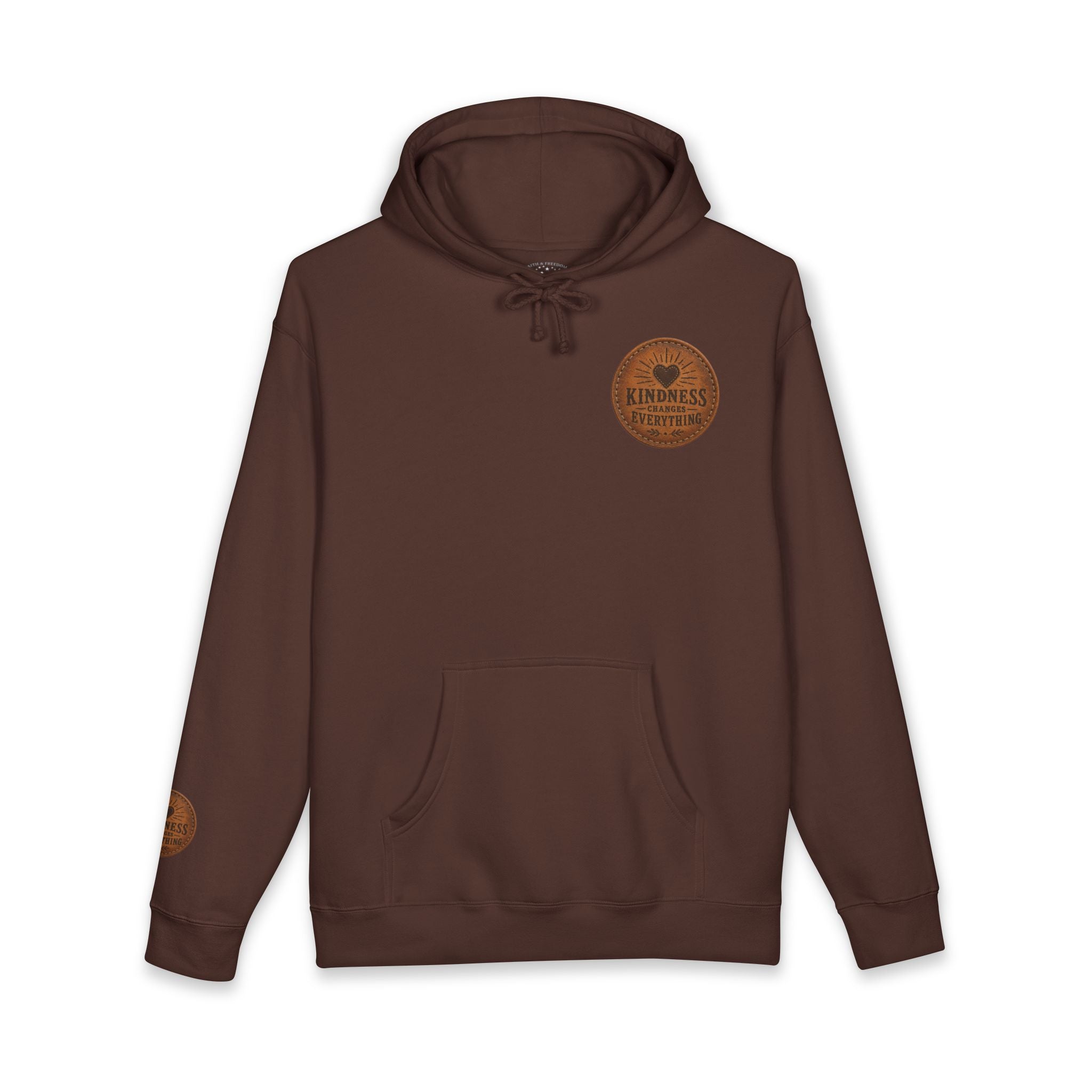 Heavyweight hoodie featuring vintage leather-style "Kindness Changes Everything" patch artwork on the chest, elbow, and back with a relaxed fleece-lined design.