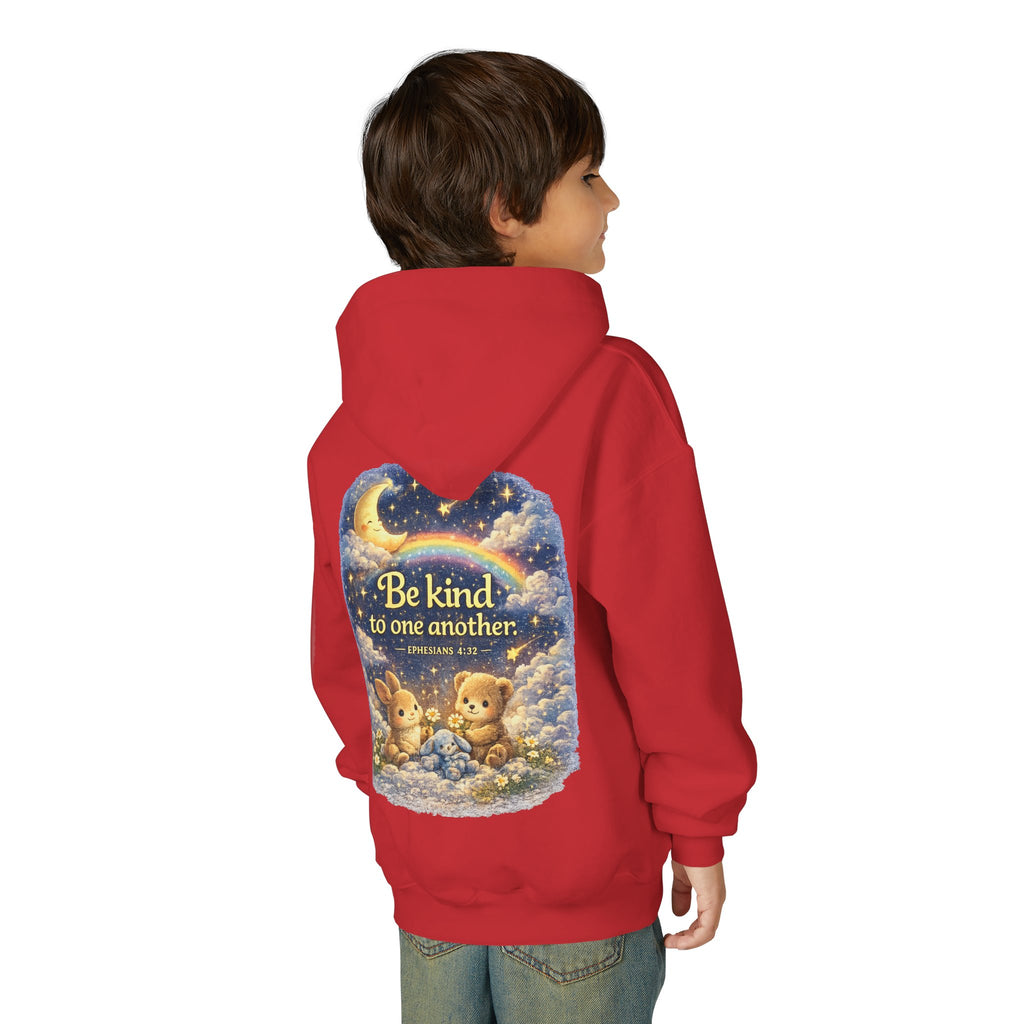 Youth “Be Kind to One Another” Hoodie – Cute Bunny Night Sky Scripture Sweatshirt
