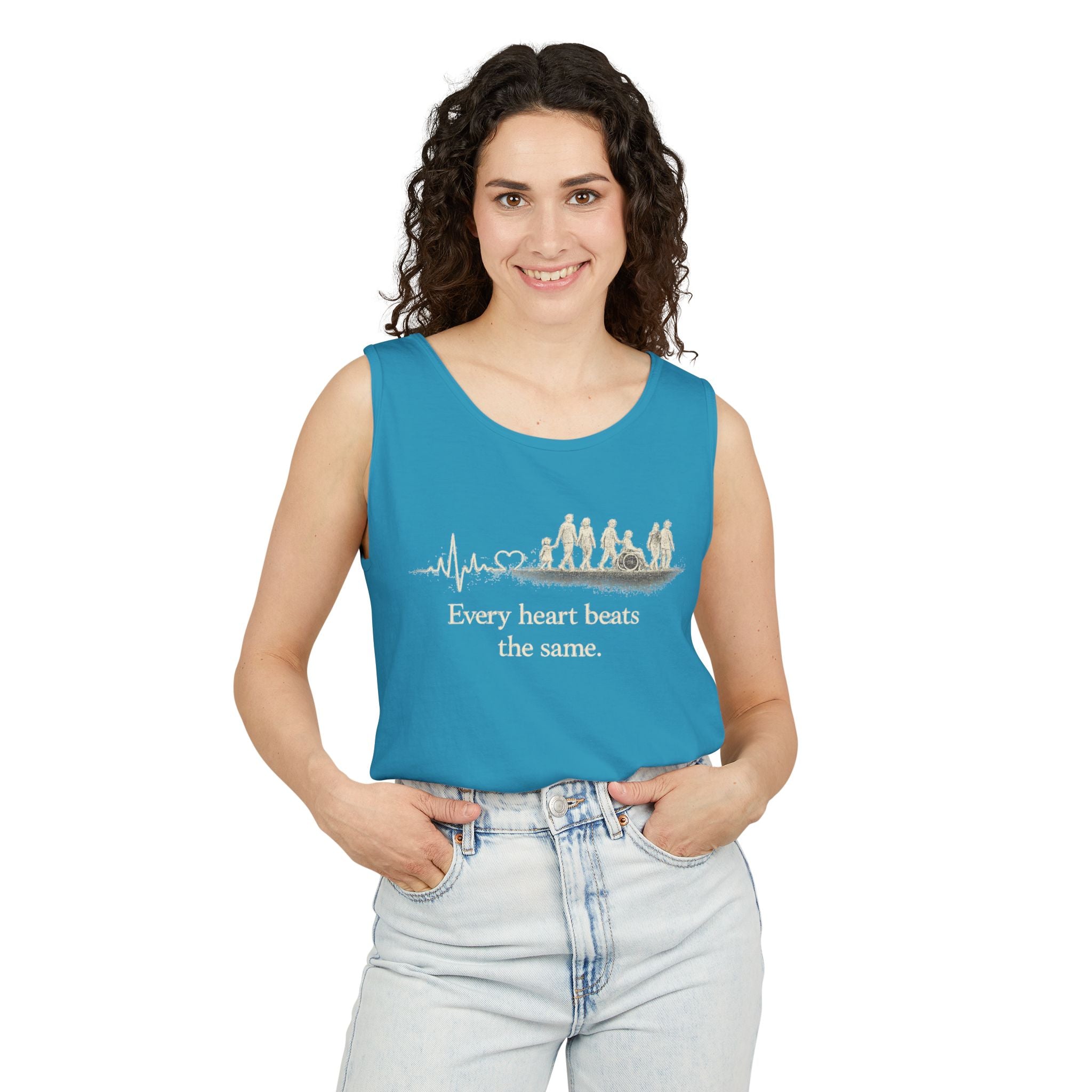“Every Heart Beats the Same” Vintage Surf Tank Top – Garment-Dyed Coastal Unity Tank