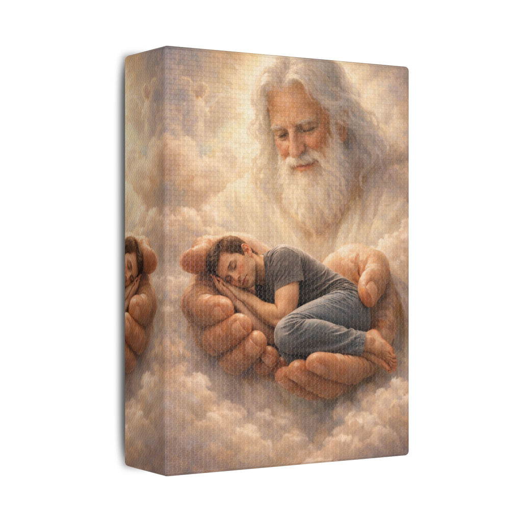 Safely in His Hands Canvas — 'Man' Sleeping in God's Embrace Wall Art
