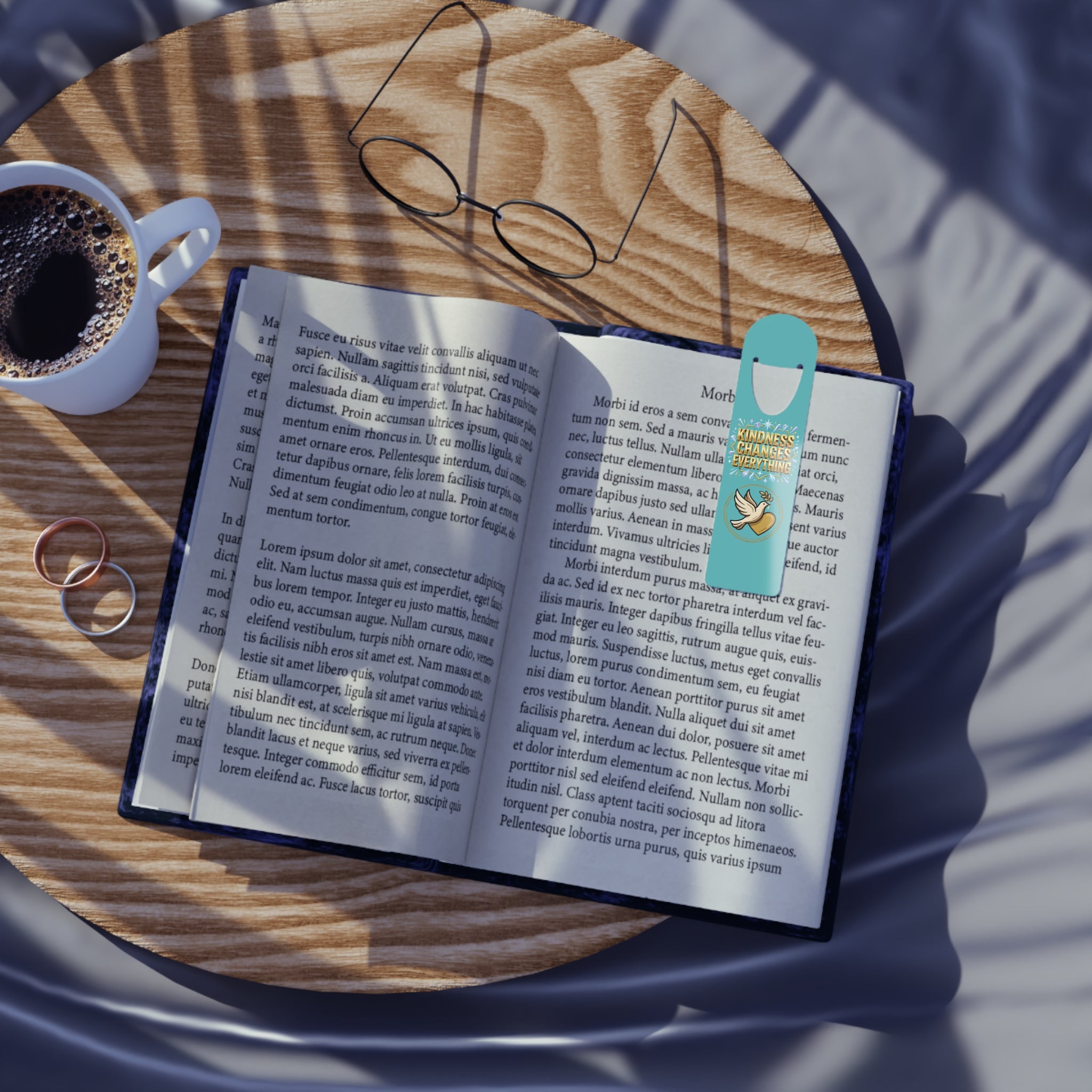 Inspirational turquoise aluminum bookmark featuring a peace dove and the message “Kindness Changes Everything,” with brushed metal backing and secure page-holding slot for books, journals, and devotionals.