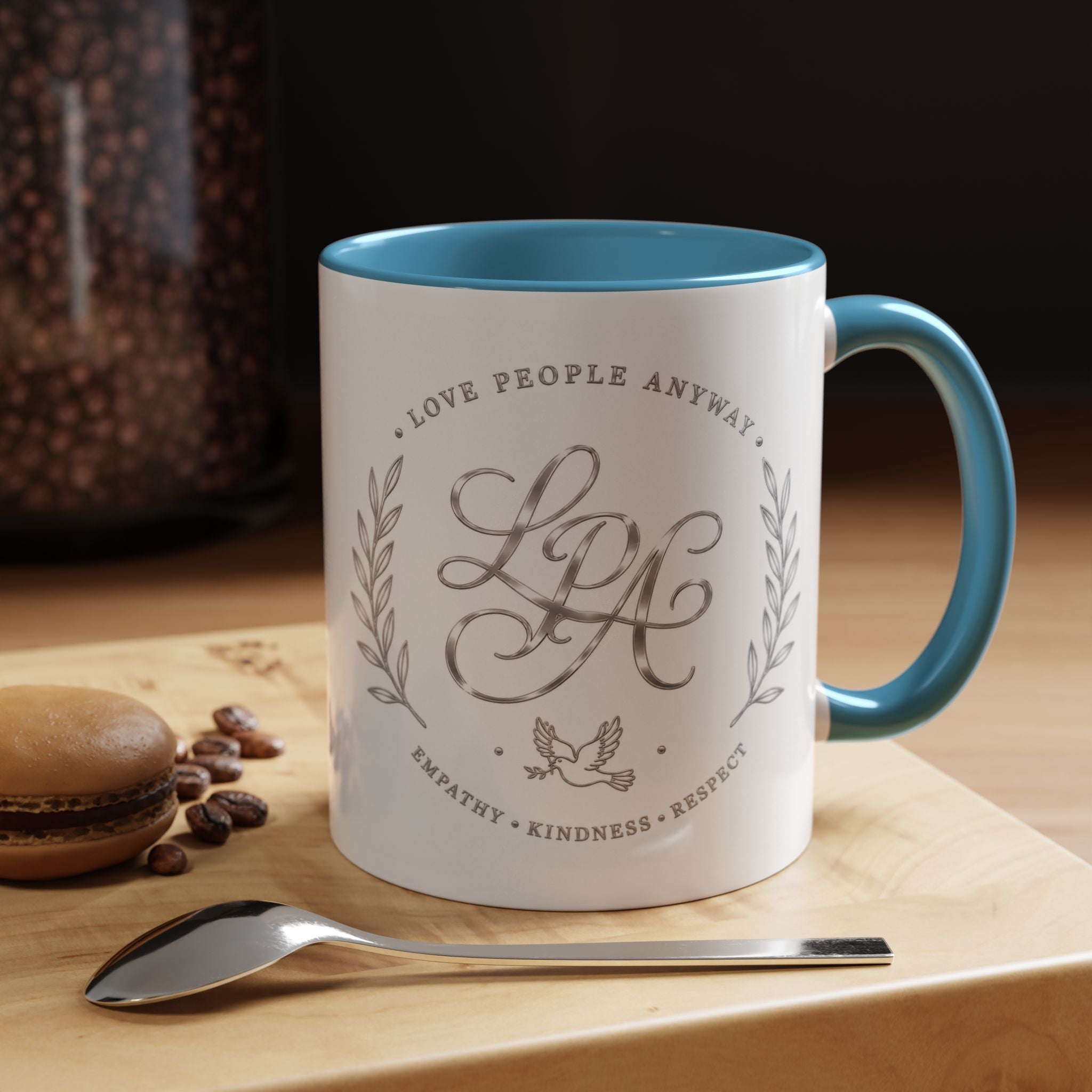 Love People Anyway Silver Accent Coffee Mug | Inspirational Monogram Mug | Faith Freedom Creations