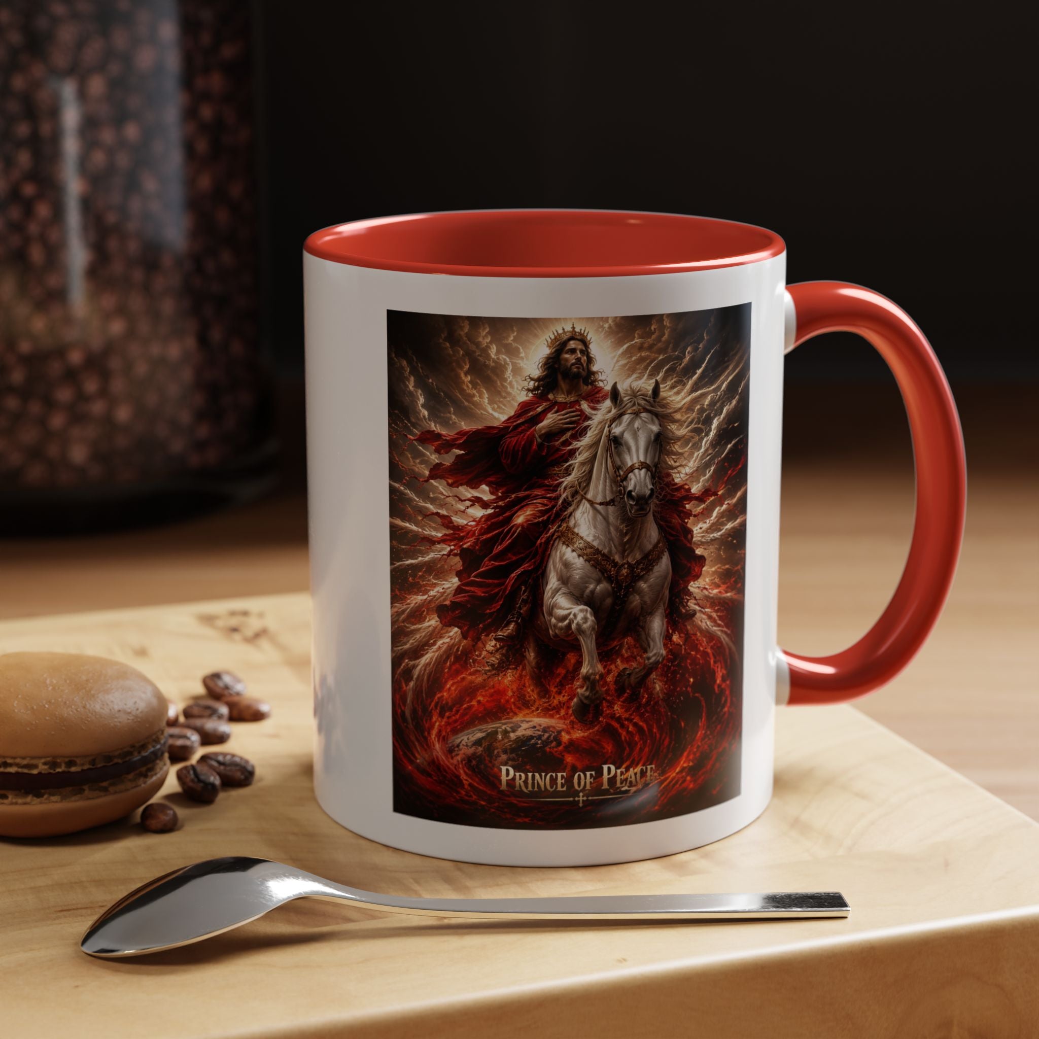 Inspirational Christian coffee mug featuring Jesus riding a white horse surrounded by radiant heavenly light with Prince of Peace artwork and colorful accent handle and interior.