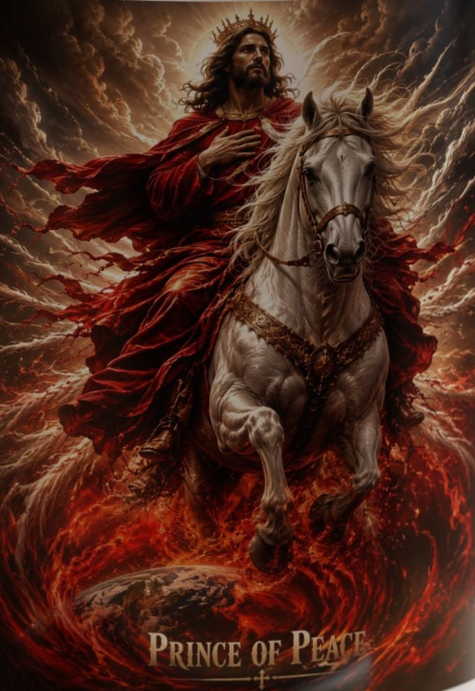 Figure on a horse with fiery background and 'Prince of Peace' text