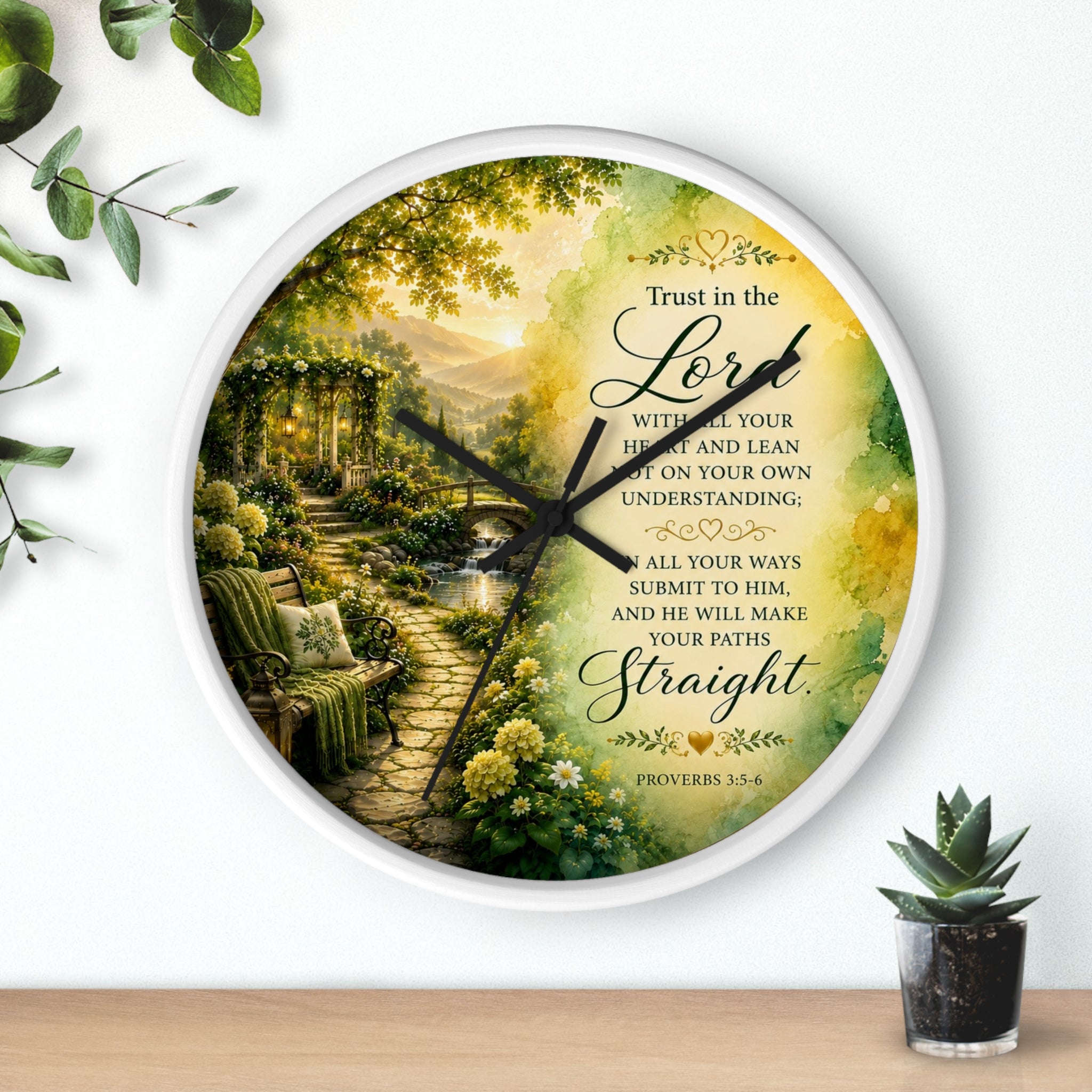 Inspirational Christian wall clock featuring a peaceful garden pathway at sunrise with Proverbs 3:5-6 scripture about trusting in the Lord.