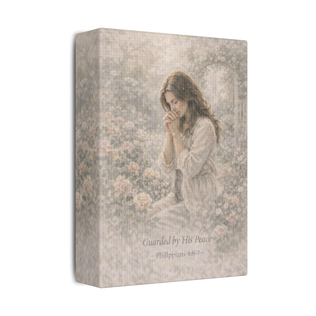 Guarded by His Peace Canvas Print – Prayer Girl Christian Wall Art | Faith Inspired Devotional Artwork
