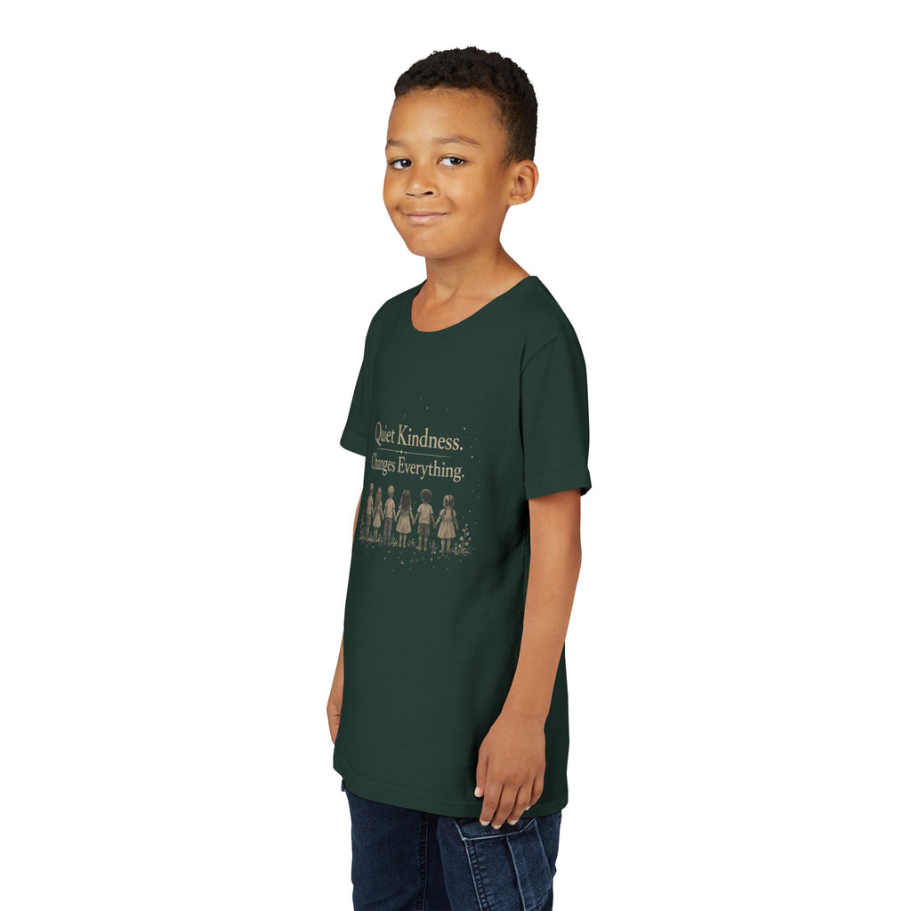 Youth “Quiet Kindness Changes Everything” Tee – Kids Inspirational T-Shirt with Earth & Friends Graphic