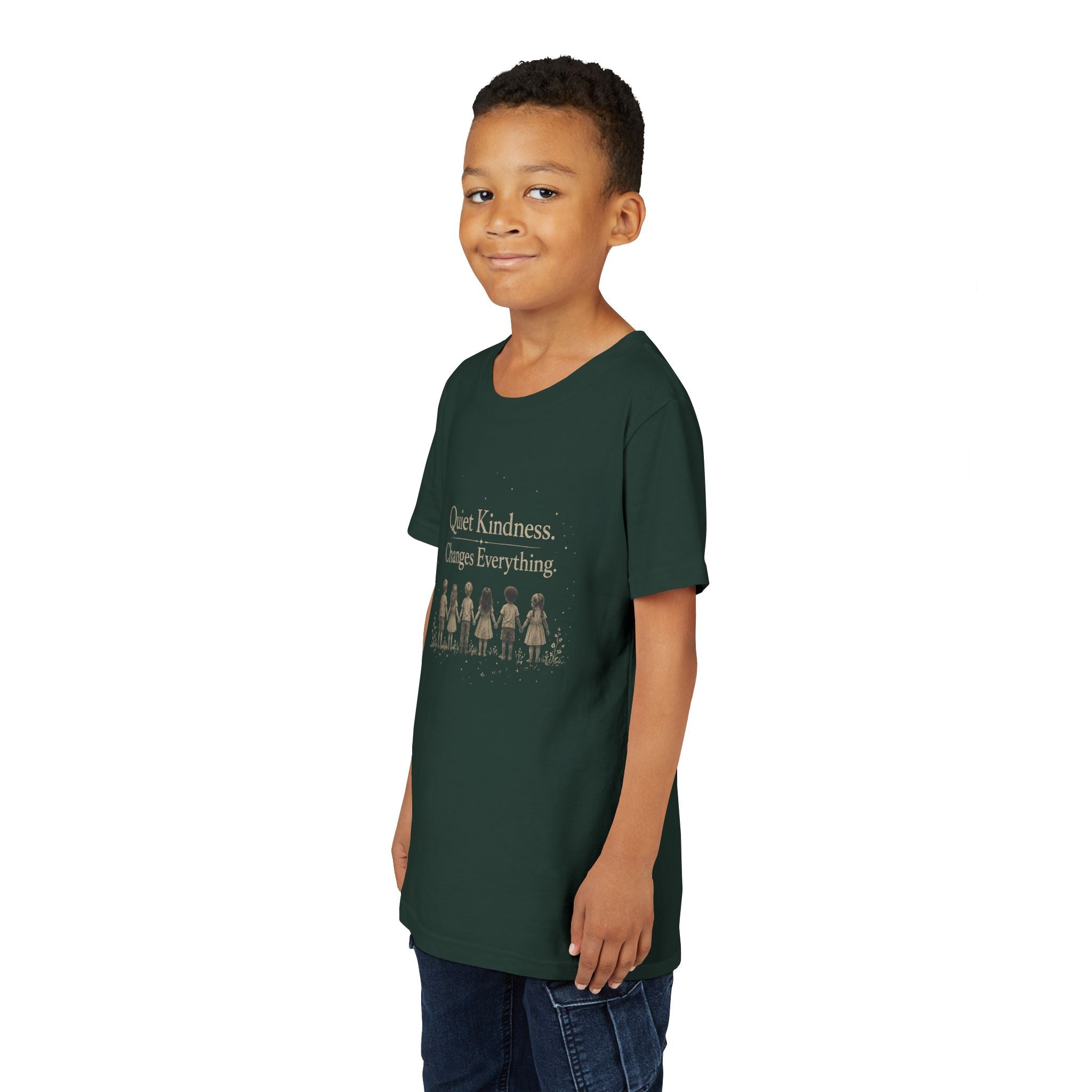 Youth “Quiet Kindness Changes Everything” Tee – Kids Inspirational T-Shirt with Earth & Friends Graphic