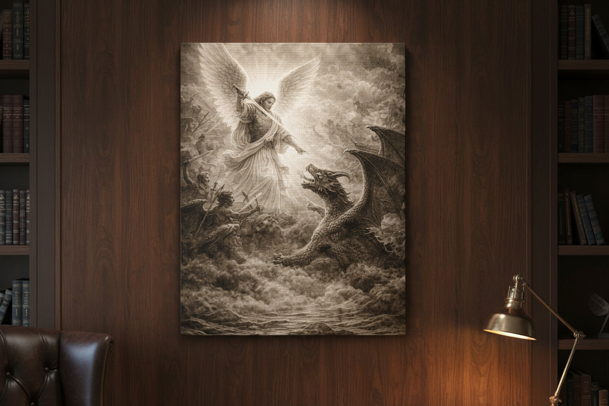Michael the Archangel vs Dragon Canvas – Biblical Spiritual Warfare Wall Art