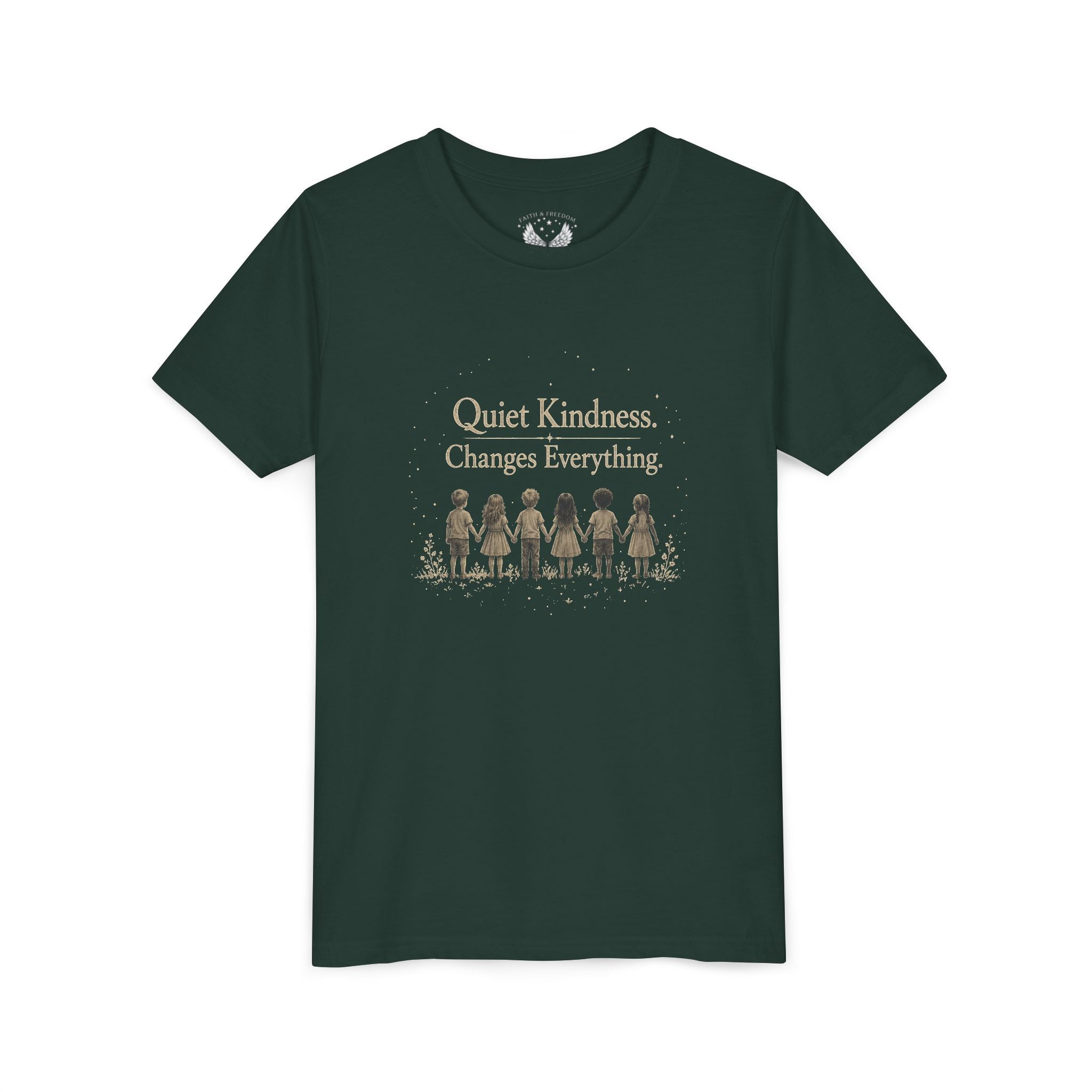 Youth “Quiet Kindness Changes Everything” Tee – Kids Inspirational T-Shirt with Earth & Friends Graphic