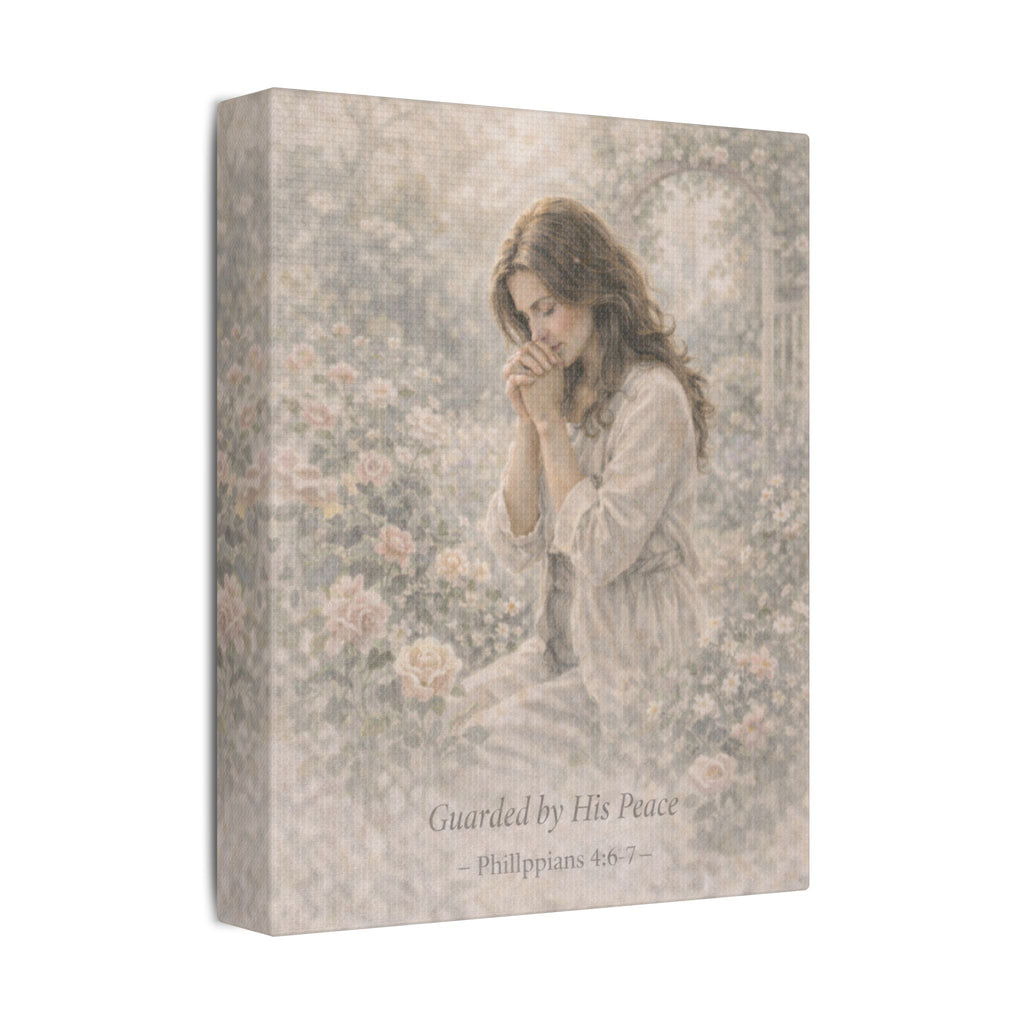 Guarded by His Peace Canvas Print – Prayer Girl Christian Wall Art | Faith Inspired Devotional Artwork