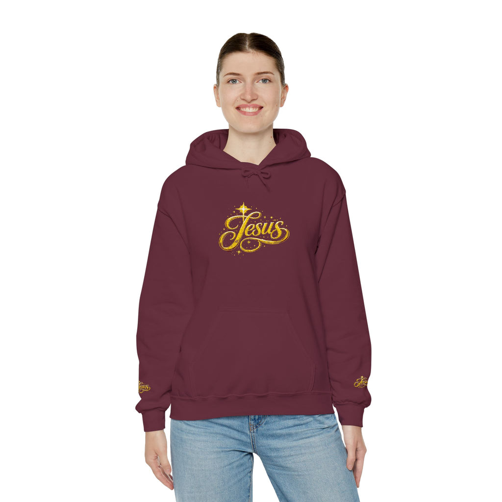 Jesus Gold Script Hoodie – Sparkle Christian Faith Pullover | Inspirational Hoodie