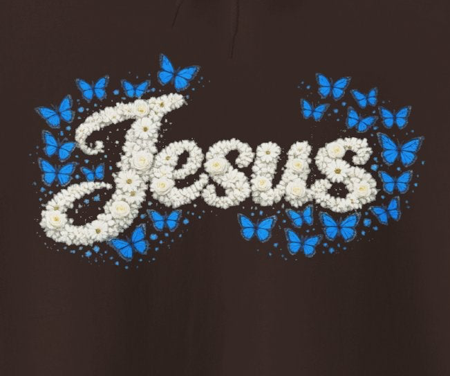 Butterfly Blossoms Hoodie – “Jesus” Floral Script Christian Pullover | Faith & Butterfly Hoodie