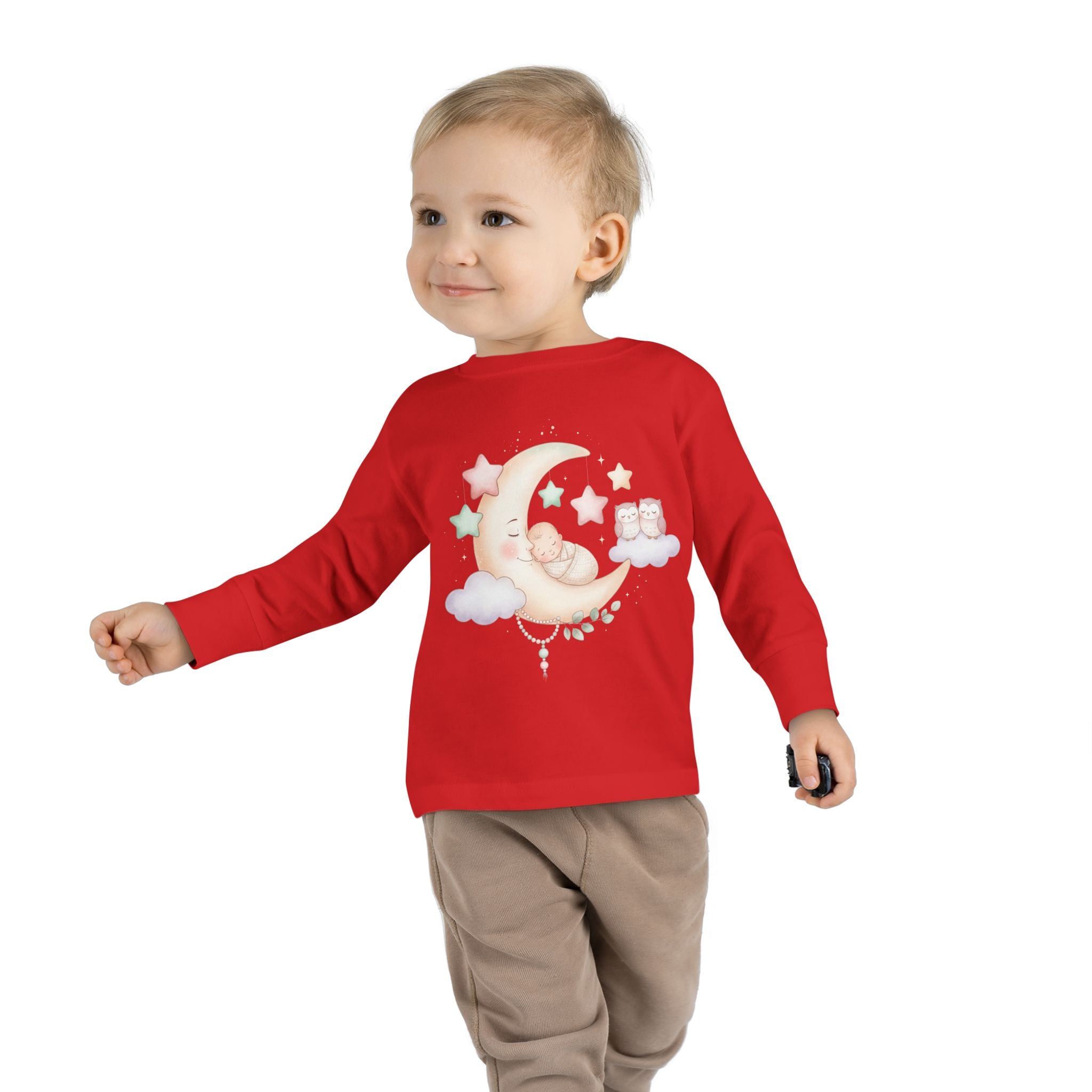 Baby Moon & Owl Toddler Long Sleeve Tee – Pastel Sleepy Moon Nursery Shirt | Cozy Toddler Pajama Style Tee