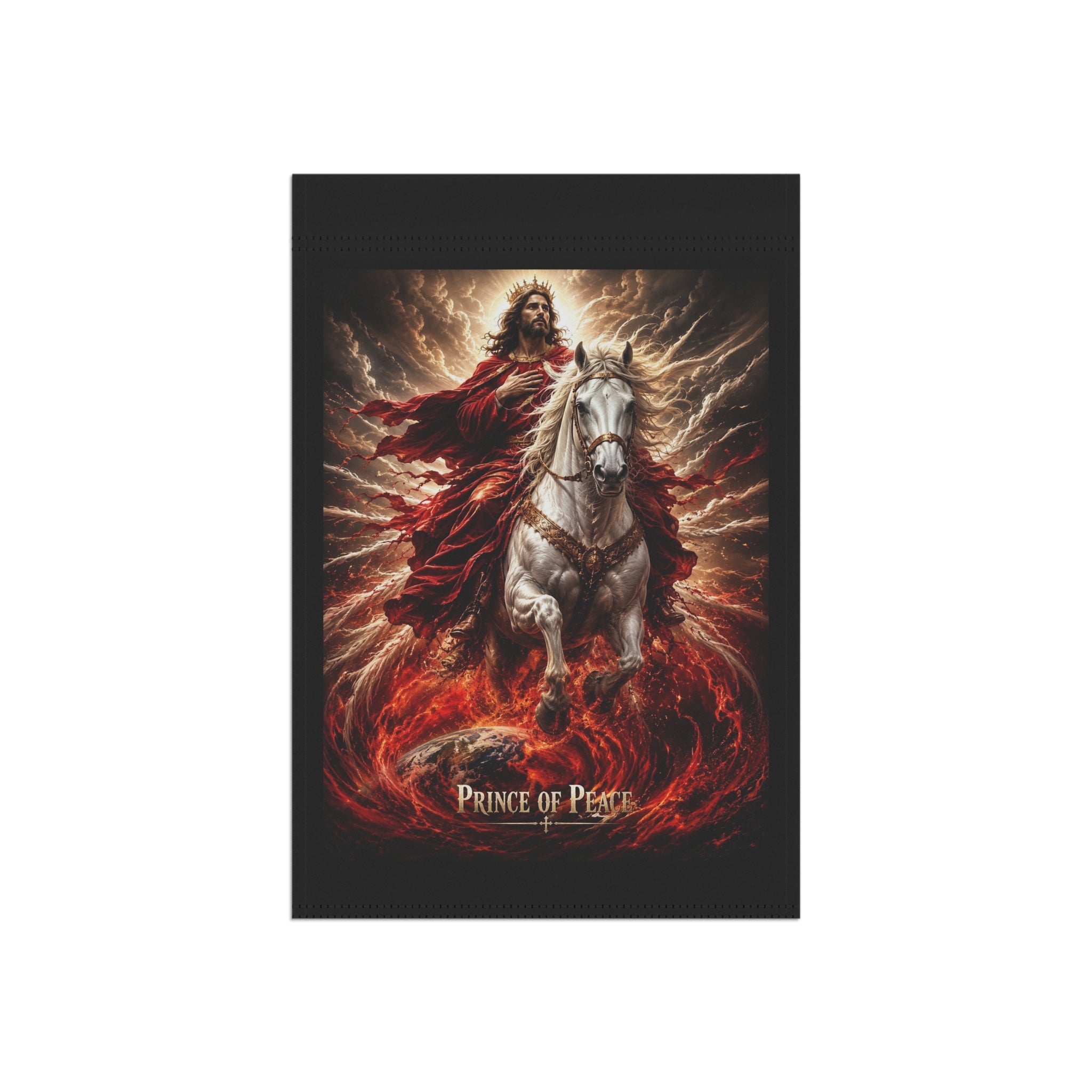 Christian garden banner featuring Jesus beside a noble horse with the words “Prince of Peace” in warm country-inspired outdoor artwork.